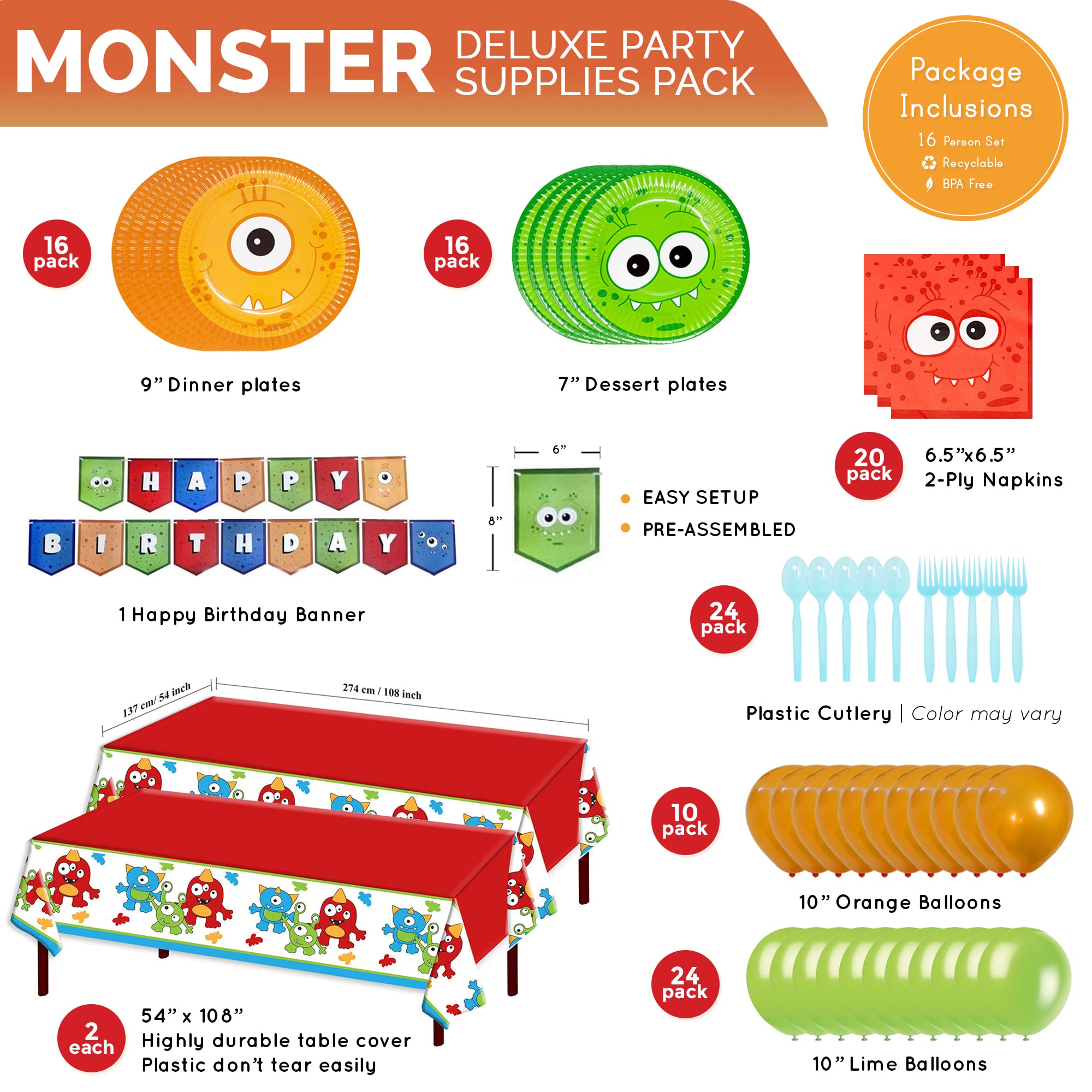 Monster Deluxe Party Supplies Kit (123 Pieces for 16 Guests) - Complete Monster Birthday Party Decorations Set with Plates, Napkins & Tableware - Perfect for Monster Themed Parties, 1st Birthdays & Halloween Celebrations