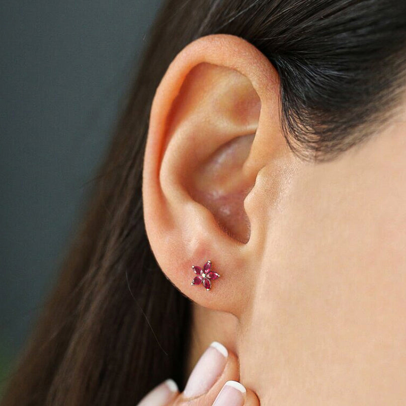 Marquise Tone Natural Ruby Flower Stud Earrings for Women – Elegant Floral Jewelry Gift for Birthday, Anniversary & Special Occasions