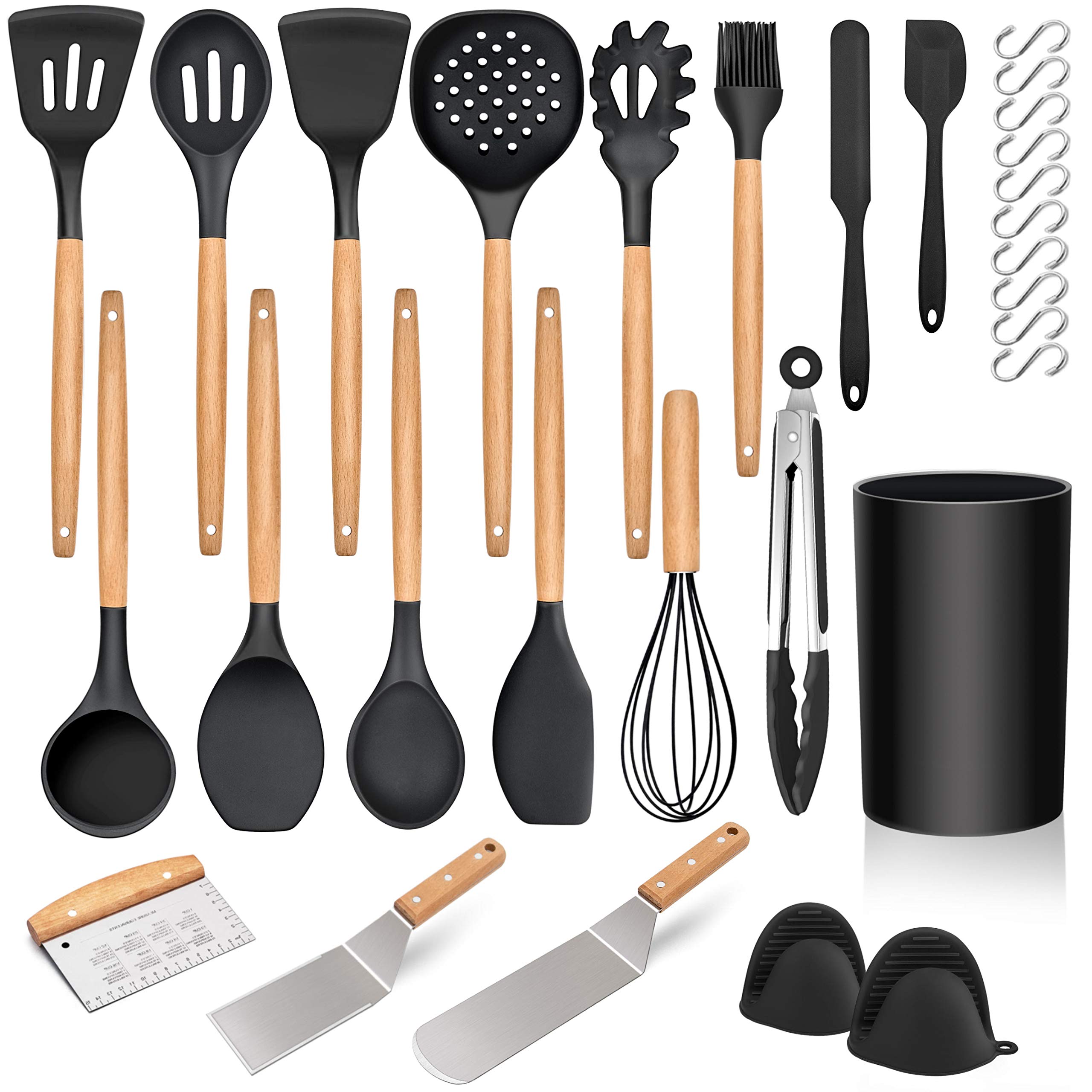 **Homikit 30-Piece Kitchen Cooking Utensil Set with Holder – Heat-Resistant Silicone Spatula, Metal Turner & Dough Scraper for Nonstick Cookware – Wooden Handle, Black – Perfect for Baking, Frying & Everyday Cooking**