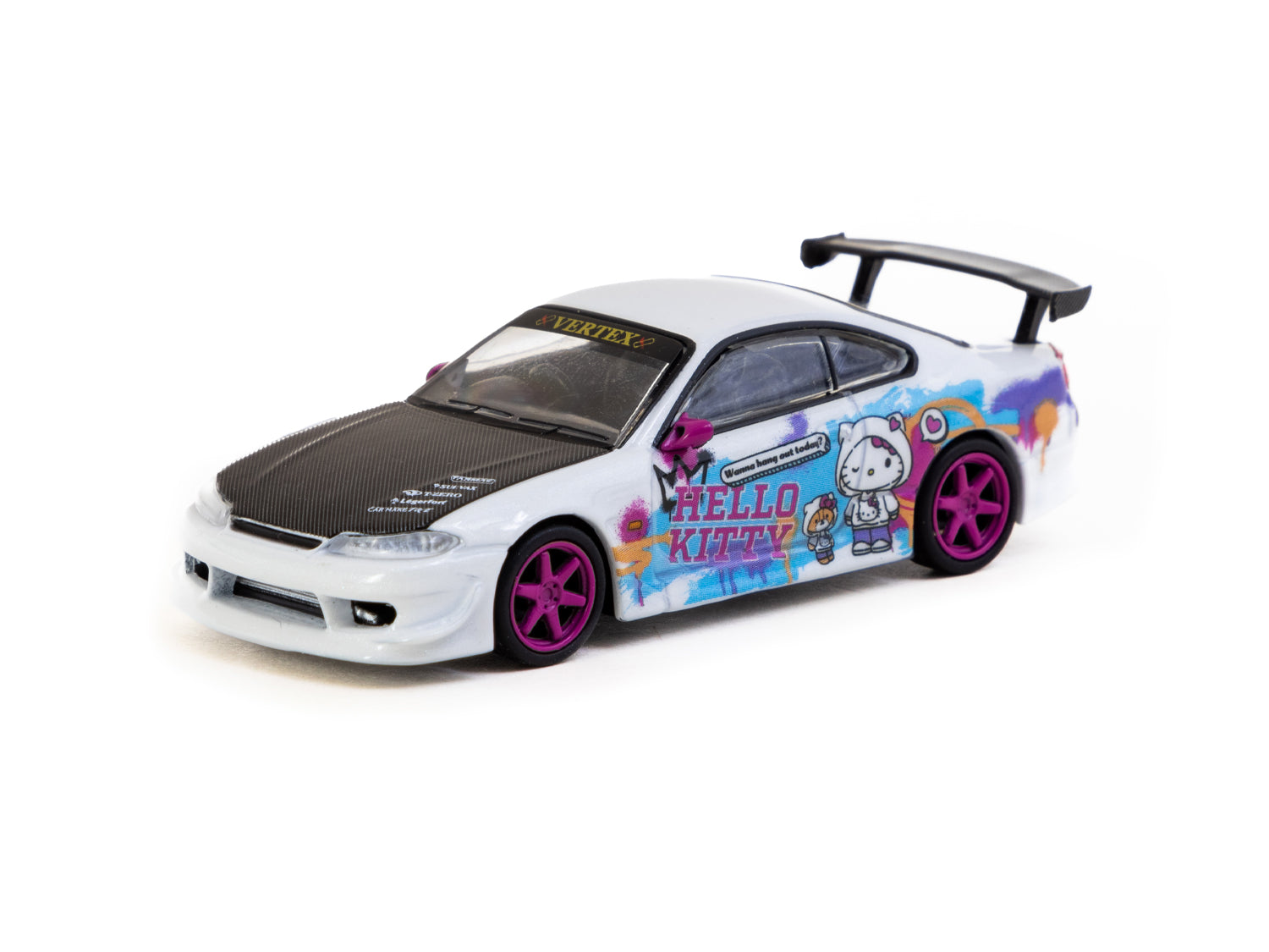 Tarmac Works 1/64 Scale VERTEX Nissan Silvia S15 Hello Kitty Drift Car - IDE Special Edition Diecast Model for Collectors - Perfect for Display, Racing Enthusiasts, and Gift Giving