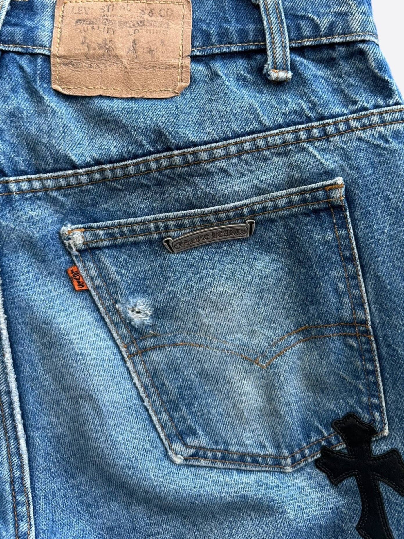 Chrome Hearts x Levi's Blue & Black Cross Patch Denim Jeans for Men - Stylish Vintage Streetwear for Casual Outfits and Night Out