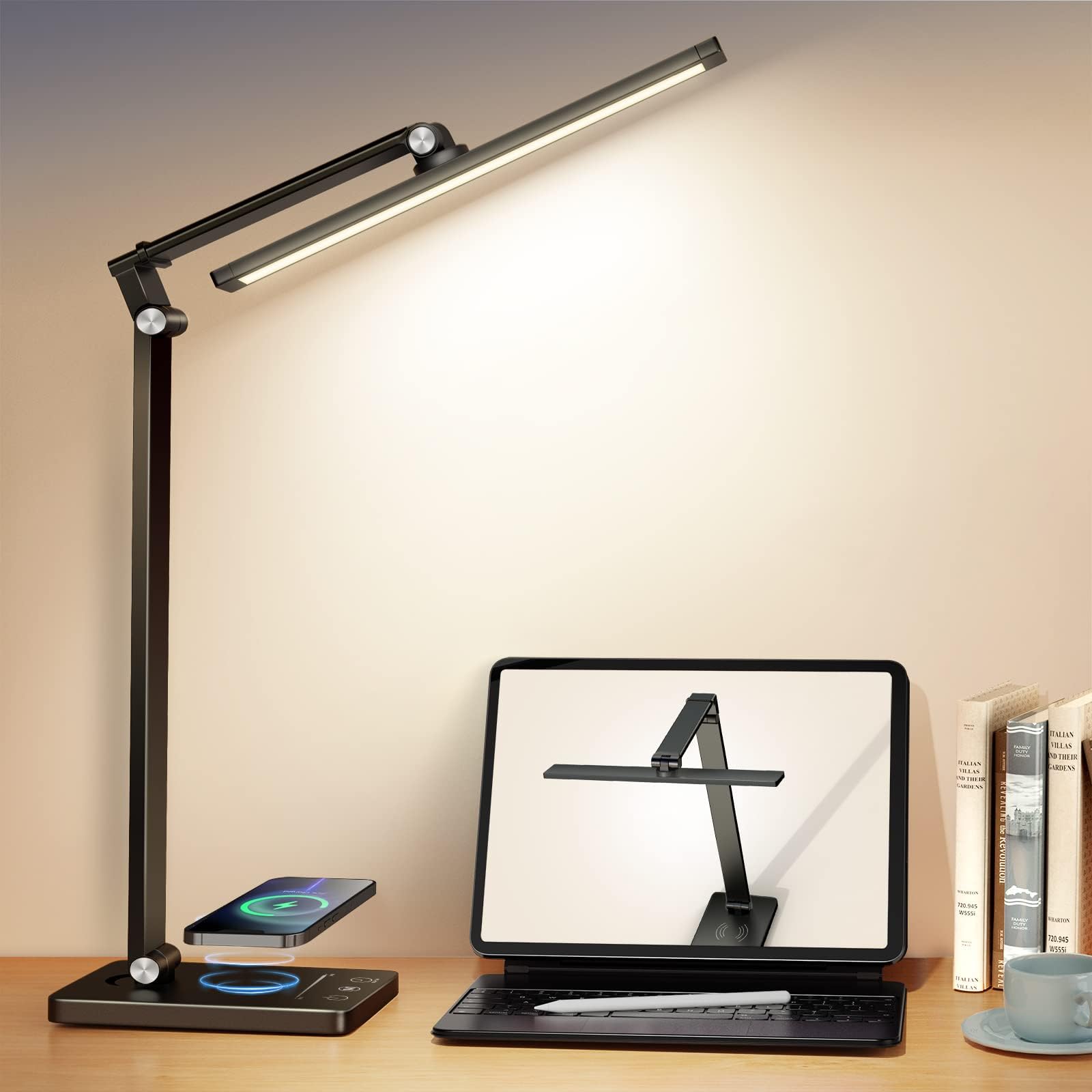 Dimmable LED Desk Lamp with USB Charging Port & Wireless Charger - Eye-Caring Office Light for Home, Study, Dorm - Auto Timer & Touch Control for Reading, Working, Night Use