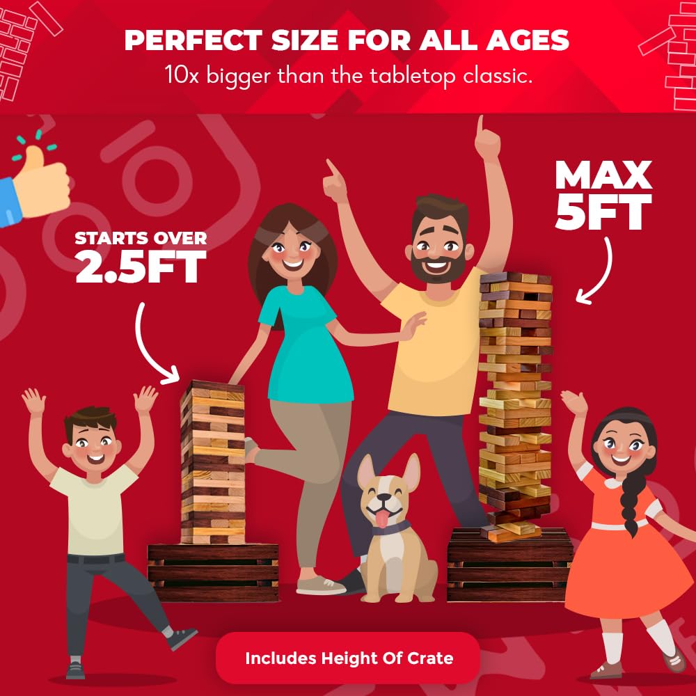 SWOOC Games - Reclaimed Giant Tower (Weather Resistant) 60 Blocks + Storage Crate | Outdoor Stacking Game for Adults & Families | Perfect for Backyard, Beach, and Camping Fun | Builds up to 5ft Tall