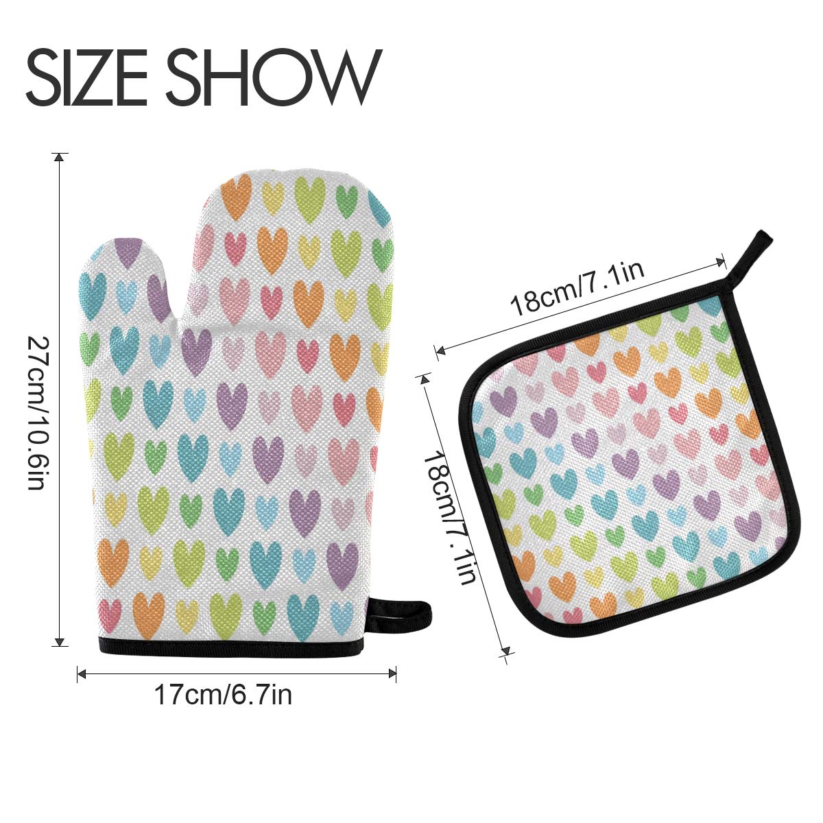 Rainbow Heart Oven Mitts & Pot Holders Set - 2 Pcs Heat Resistant Non-Slip Kitchen Gloves for Cooking, Baking, BBQ, Grilling - Perfect for Valentine's Day Gifts & Holiday Kitchen Decor