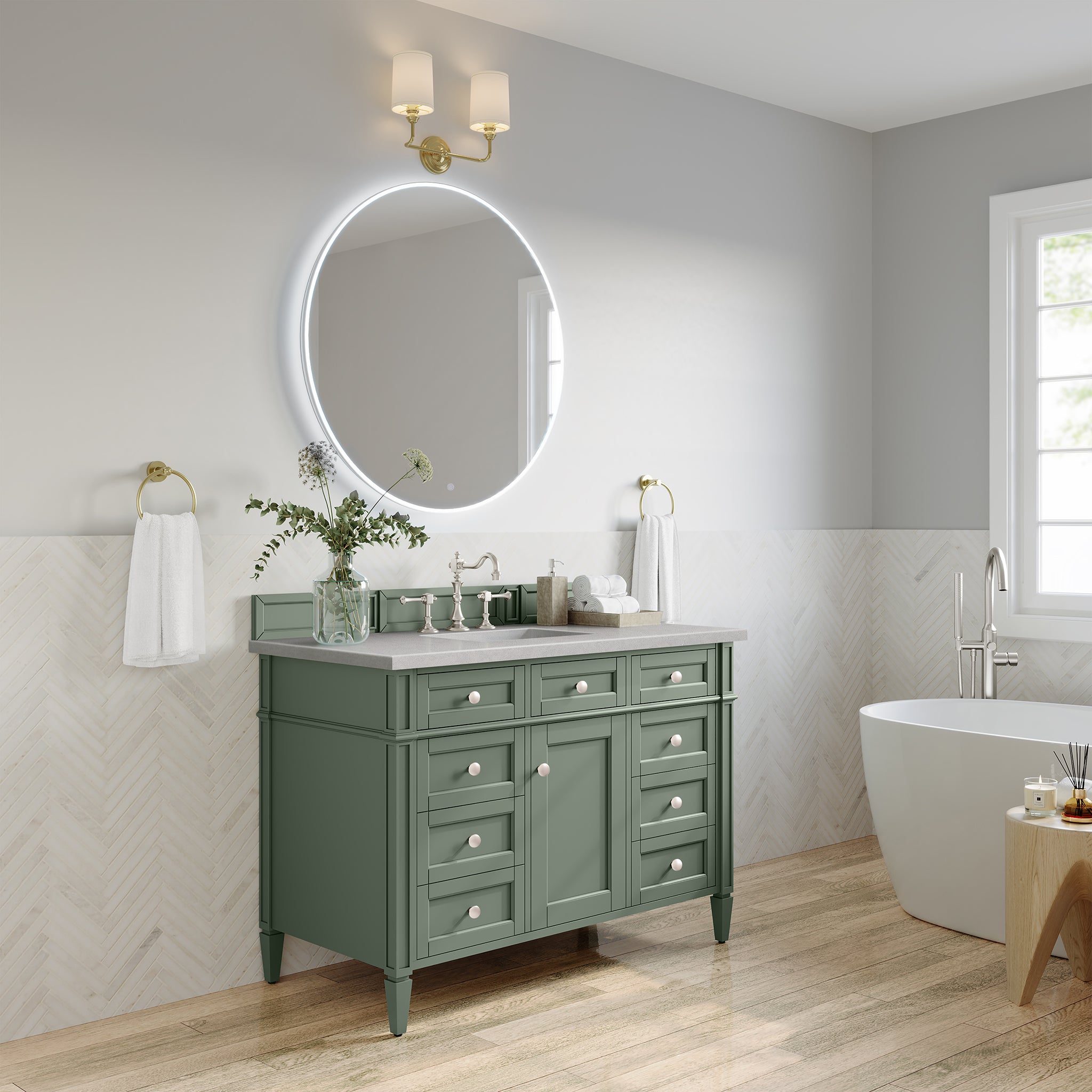 Brittany 48 Inch Single Bathroom Vanity with Smokey Celadon Finish & 3CM Eternal Serena Quartz Top - Perfect for Modern Master Bathrooms and Powder Rooms