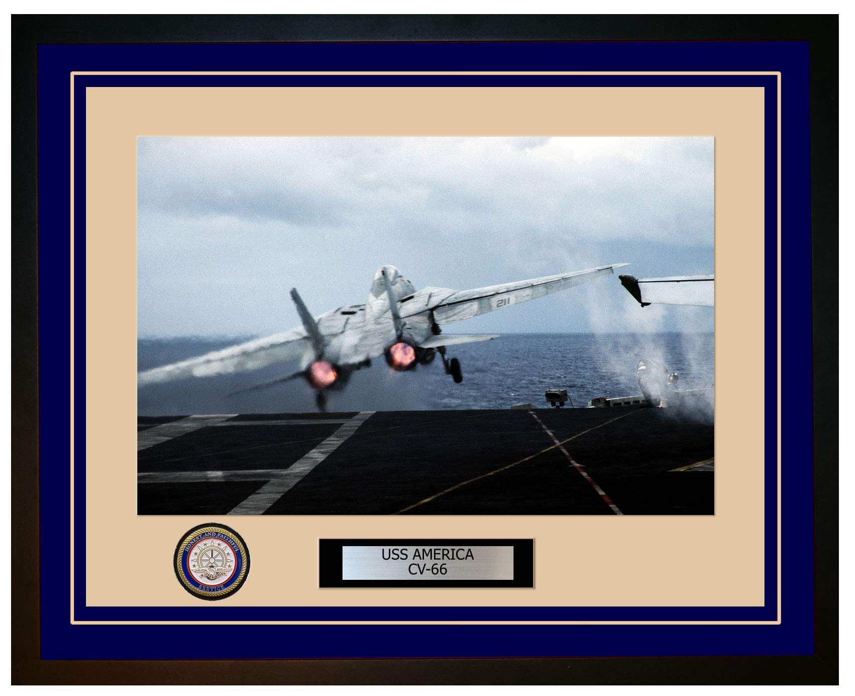 USS America CV-66 Navy Ship Framed Photo - Premium Blue Wall Art for Military History Enthusiasts | Perfect for Home Office, Man Cave, or Veterans Gift