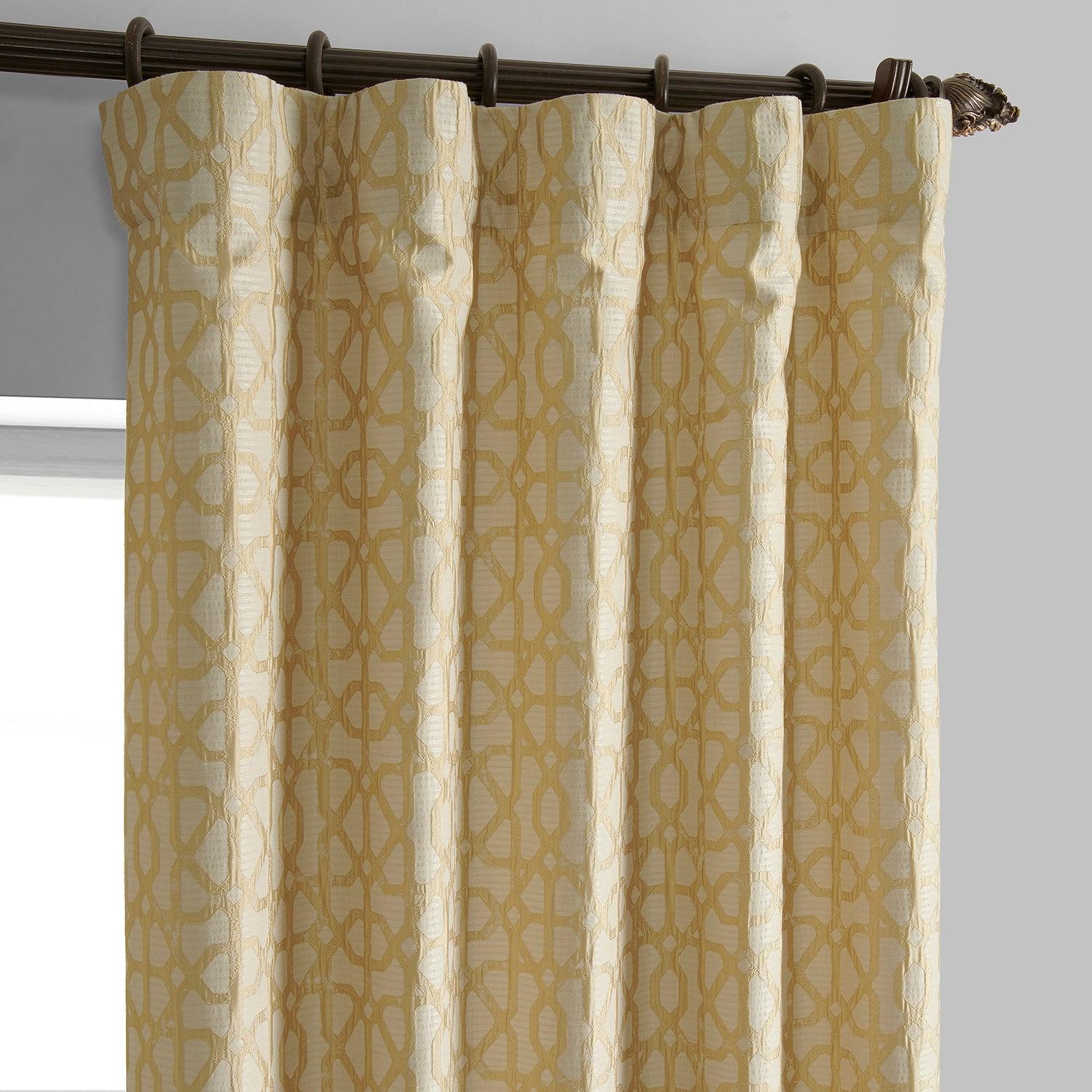 Metro Gold Geometric Faux Silk Jacquard Blackout Curtains for Bedroom & Living Room - Elegant Light Blocking Window Treatment for Home Decor