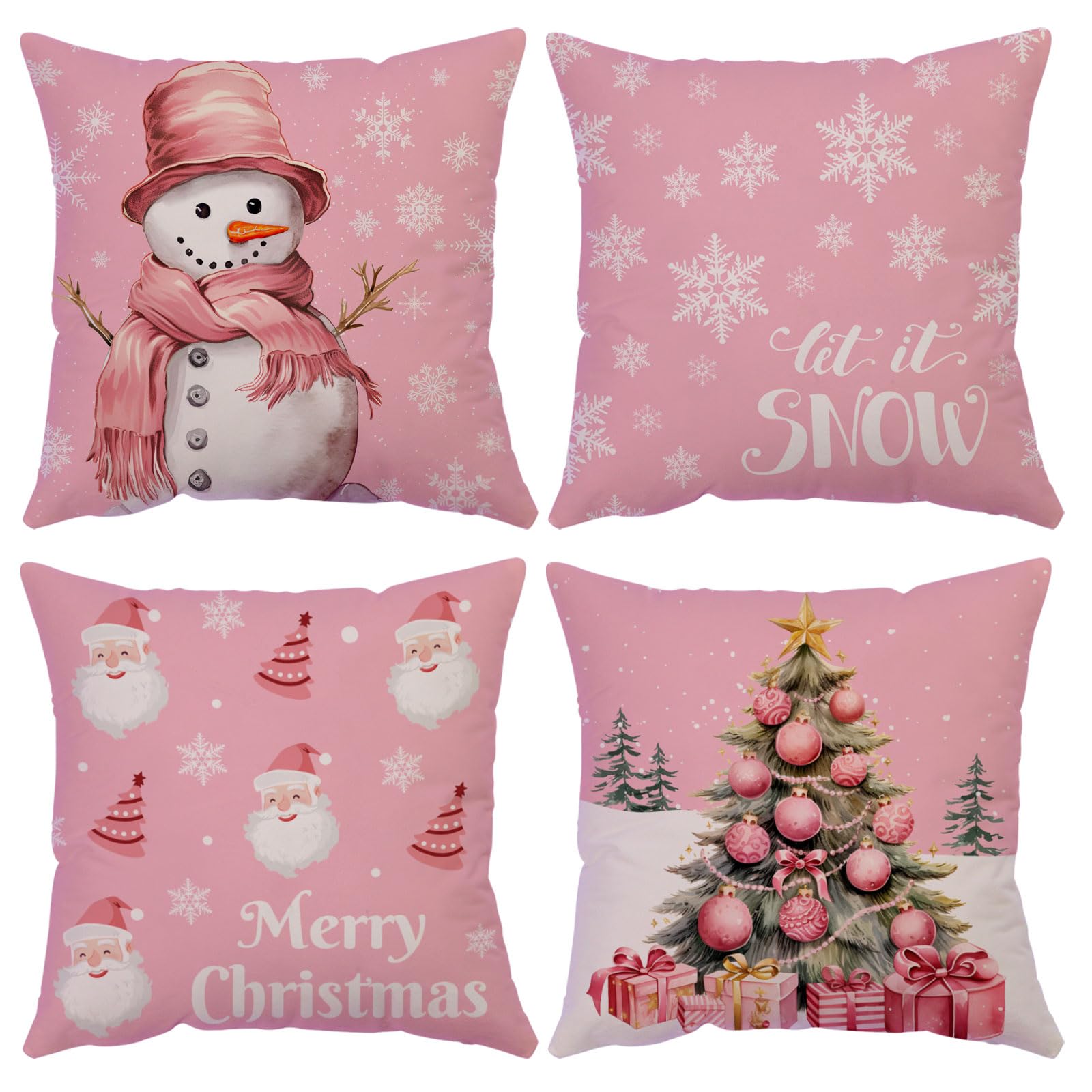 Festive Christmas Pillow Covers Set of 4 - 22x22 Inch Velvet Holiday Throw Pillowcases with Christmas Tree & Snowman Designs in Pink - Perfect for Sofa, Couch, Bed & Outdoor Decor During Winter Holidays