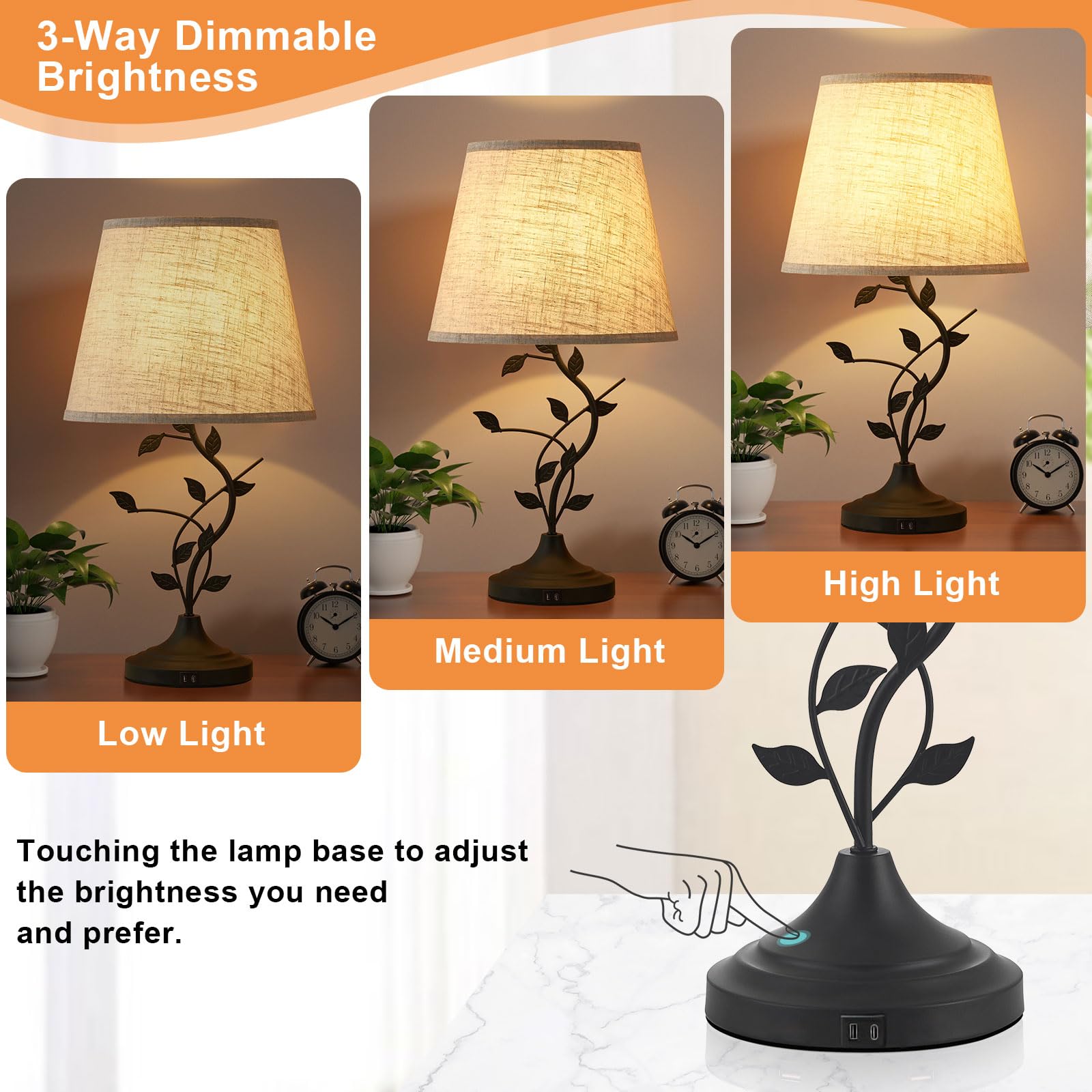 Kakanuo 3-Way Dimmable USB Touch Table Lamp with USB-C Charging Ports - Retro Nightstand Lamp for Bedroom, Living Room & Office - LED Bulb Included (Beige) | Perfect for Reading, Working & Creating Cozy Atmosphere