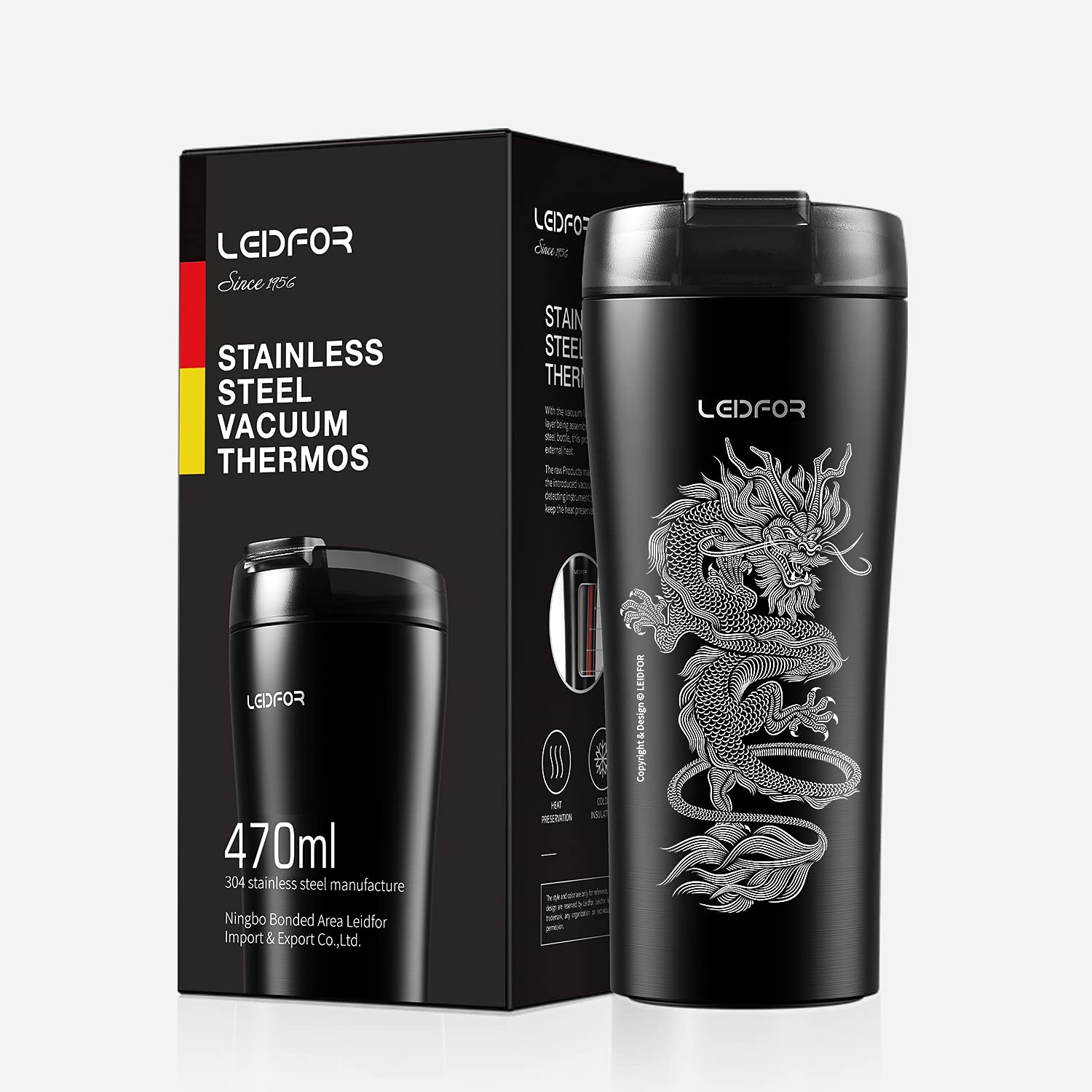 LEIDFOR 16oz Insulated Stainless Steel Travel Mug - Double Wall Vacuum Coffee Tumbler with Lid, BPA Free, Keeps Hot/Cold for Hours - Perfect for Commuting, Office & Outdoor Adventures (Black Dragon Design)