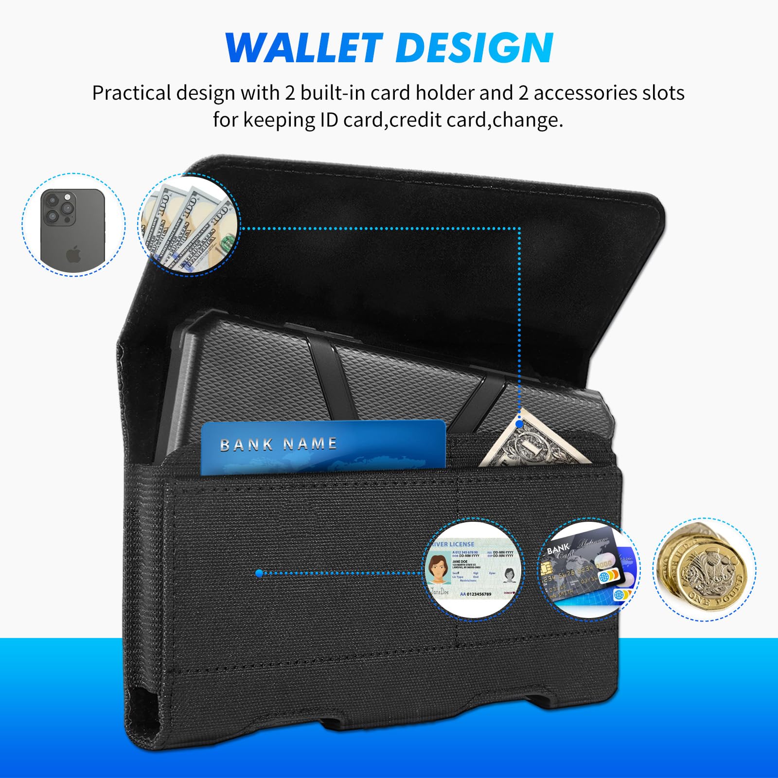 Mopaclle Nylon Phone Holster Belt Pouch for iPhone 15 Pro Max/14 Pro Max/13 Pro Max/12 Pro Max/11 Pro Max/8 Plus/7 Plus/6s Plus - Slim Fit Case Compatible, Black (Large) - Perfect for Running, Hiking, Workouts & Outdoor Activities
