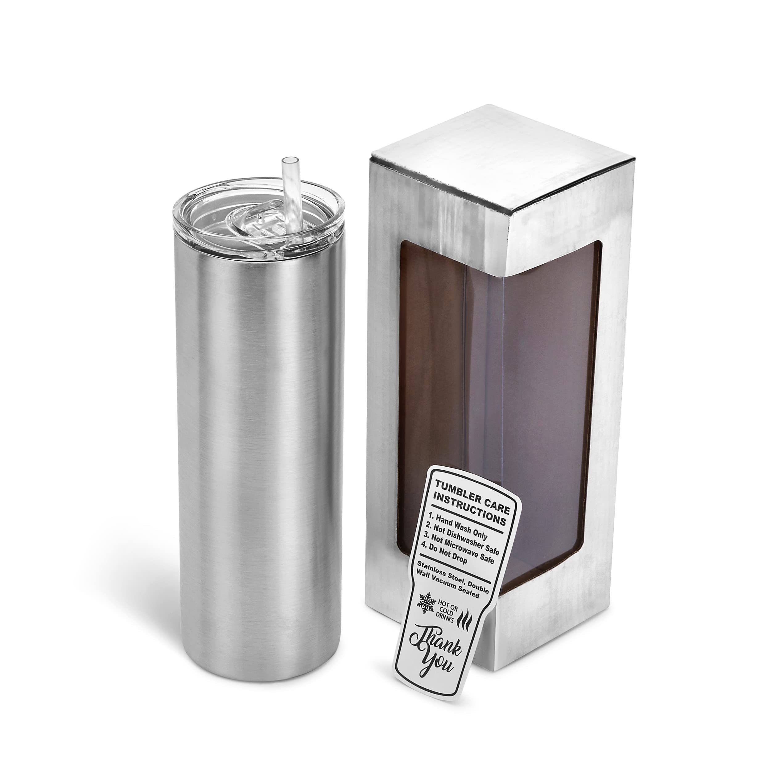 Makerflo Silver 20 oz Skinny Stainless Steel Tumbler with Lid & Straw - Bulk Pack of 25 | DIY Customizable Cups for Epoxy, UV DTF, Vinyl & Laser Engraving | Perfect for Crafters, Personalized Gifts & Promotional Events | Not for Sublimation