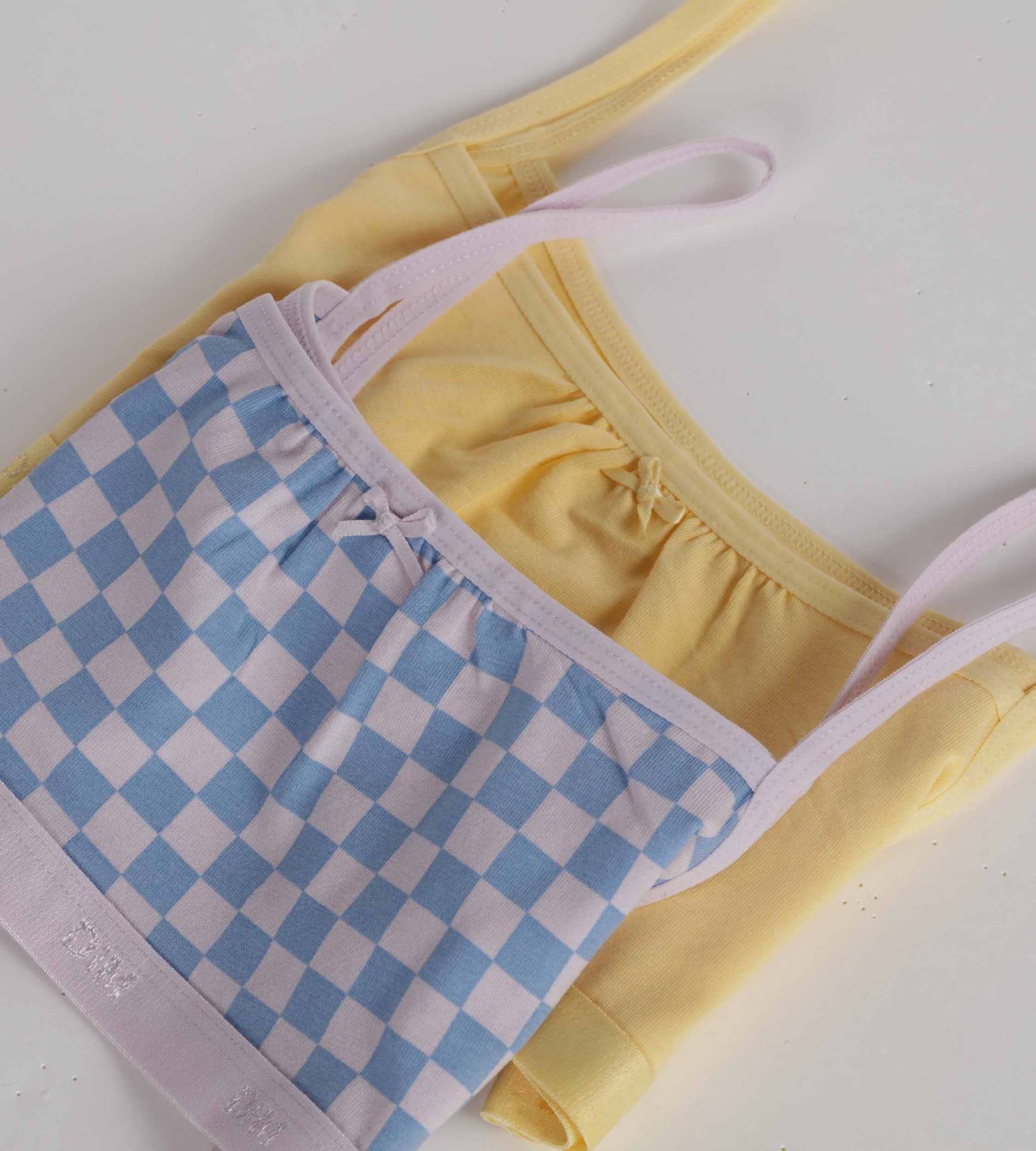 2 Pack Girls' Cotton Stretch Bralettes - Lilac Checkered Pattern by Les Pockets | Comfortable Underwear for School, Sports & Everyday Wear