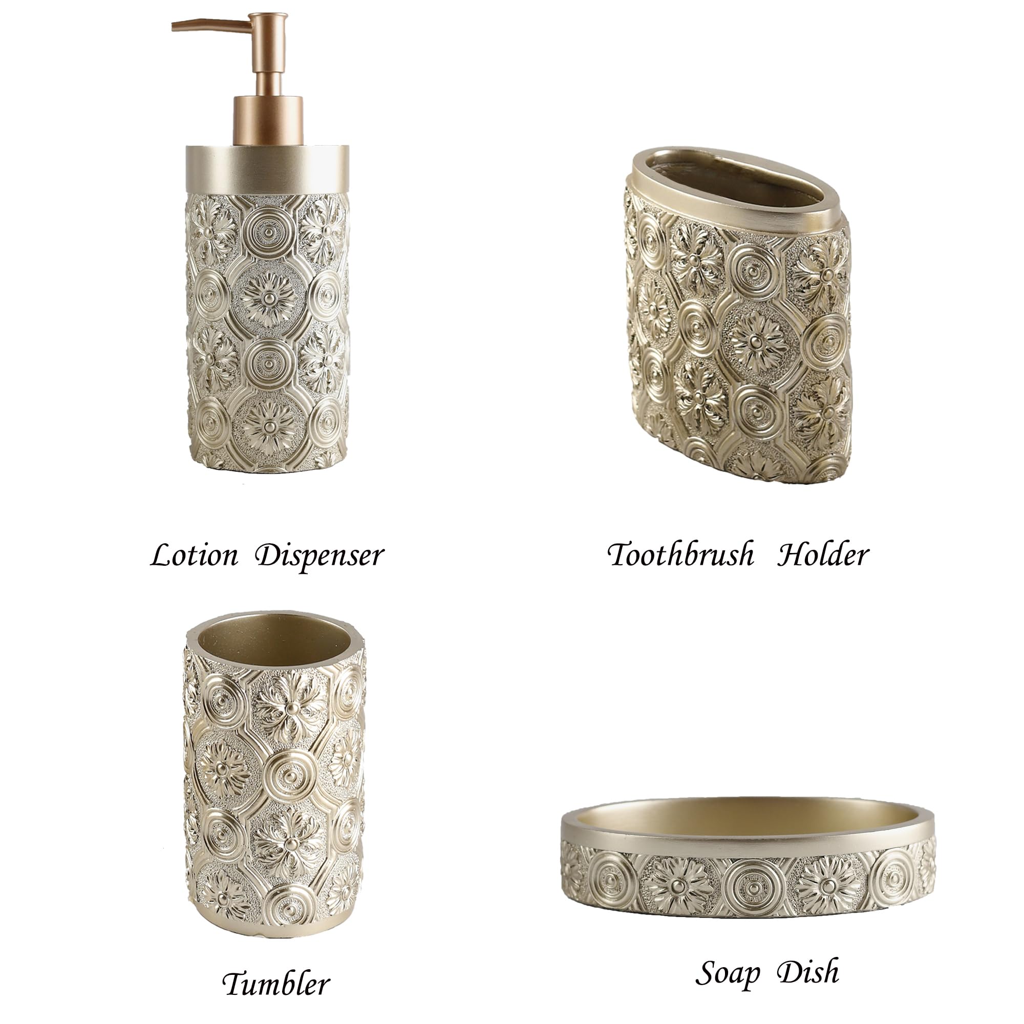 Golden Bathroom Accessories Set - 4 Pcs Farmhouse Style Resin Toothbrush Holder, Soap Dispenser, Soap Dish & Tumbler | Elegant Apartment Necessities for Modern Bathroom Decor | Perfect for Guest Bathrooms, Master Suites & Airbnb Rentals