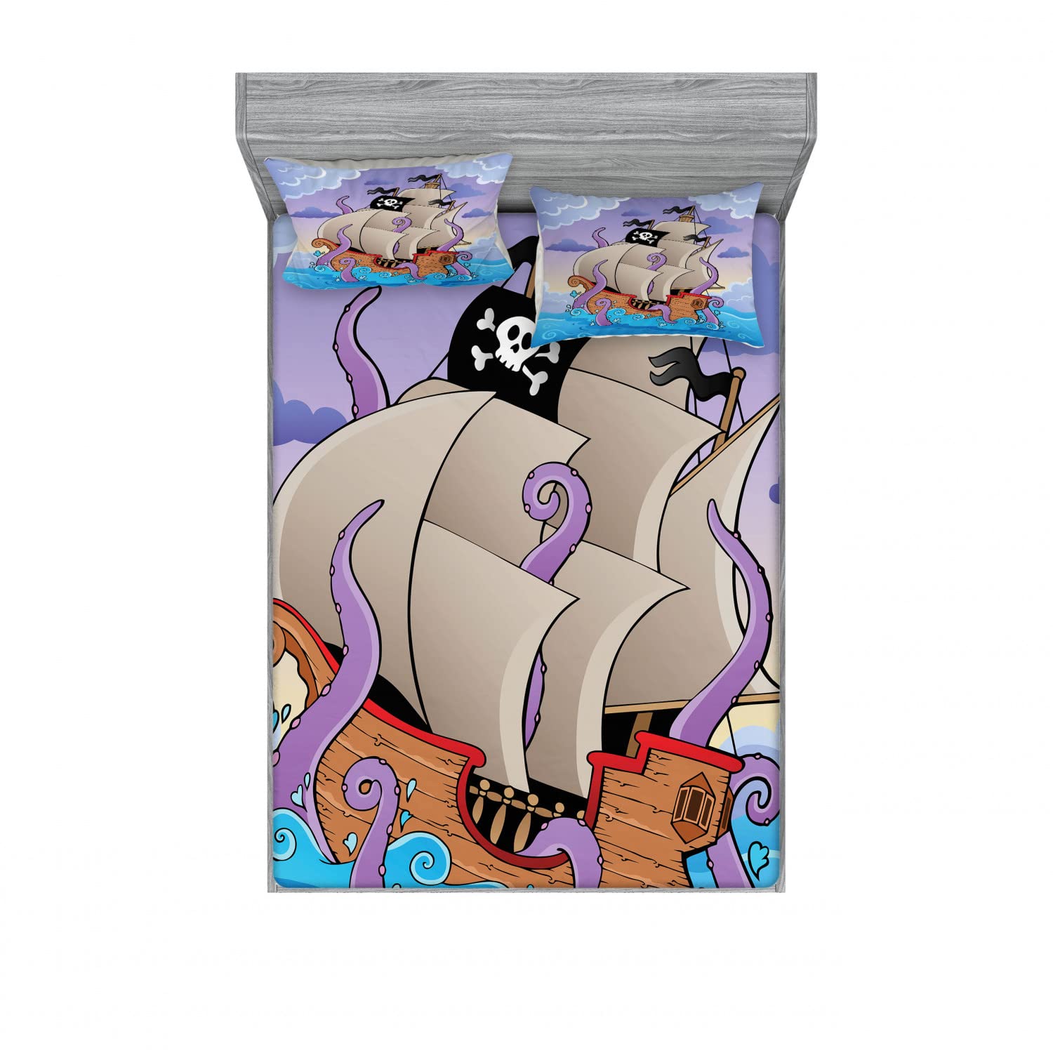 Ambesonne Octopus 2-Pack Full Size Fitted Sheet & Pillow Sham Set - Tentacles and Pirate Ship Design, 4-Piece Bedding Collection in Lilac & Multicolor - Perfect for Kids' Rooms, Nautical Themed Decor, and Unique Gift Ideas
