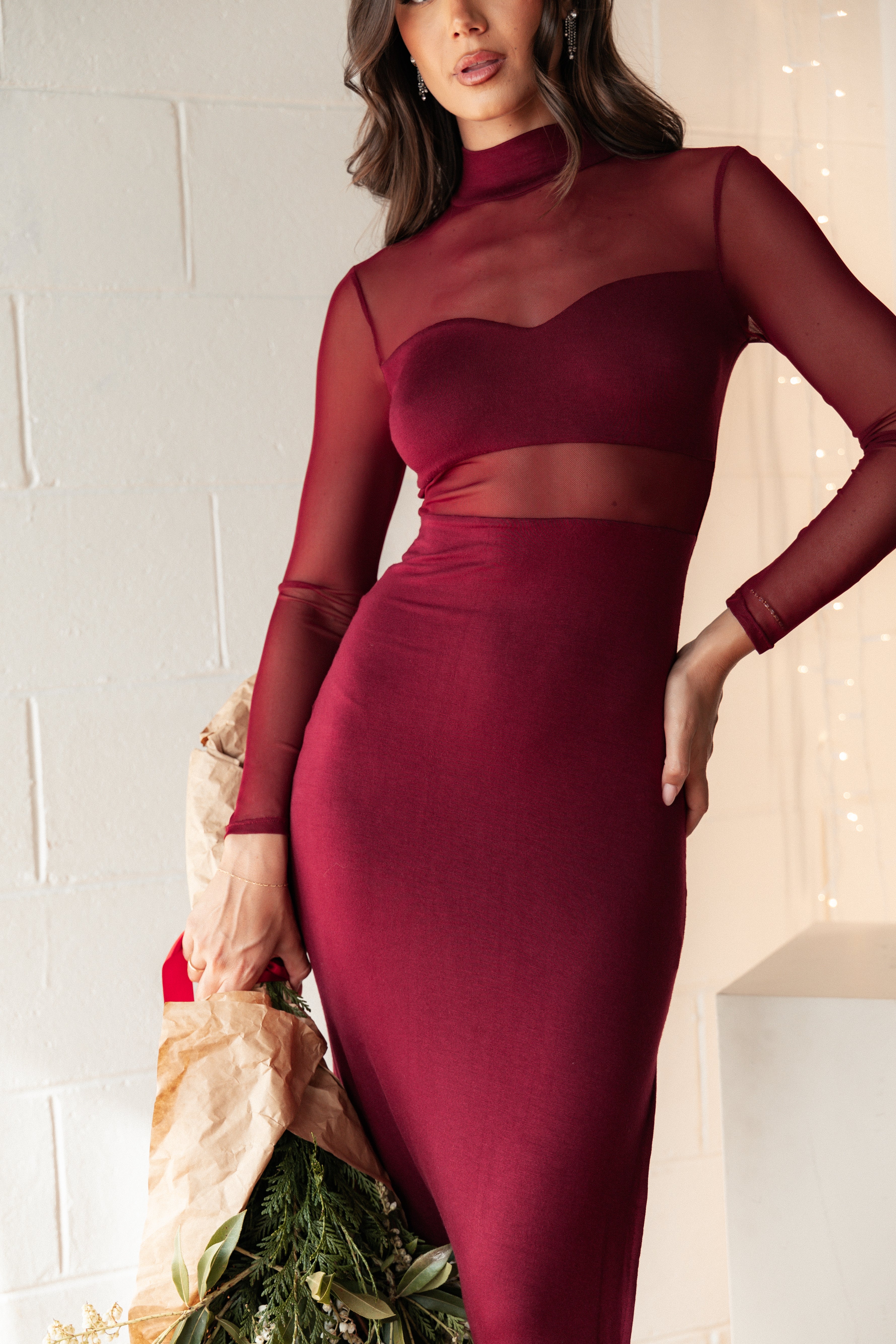 Elegant Farrow Long Sleeve Midi Dress in Wine Red - Perfect for Fall Weddings, Date Nights & Office Wear
