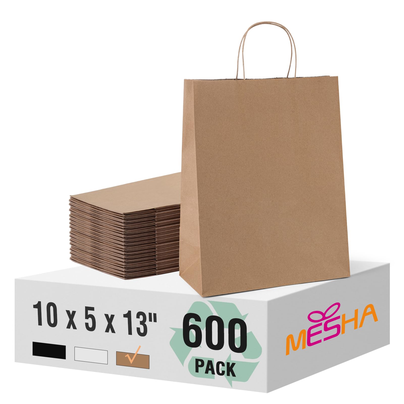 **MESHA 10x5x13 Inch Brown Kraft Paper Bags with Handles - Bulk 600 Pcs Small Gift Bags for Business, Birthday, Wedding, Party Favors & Shopping - Eco-Friendly & Durable for Retail, Events & Gifting**