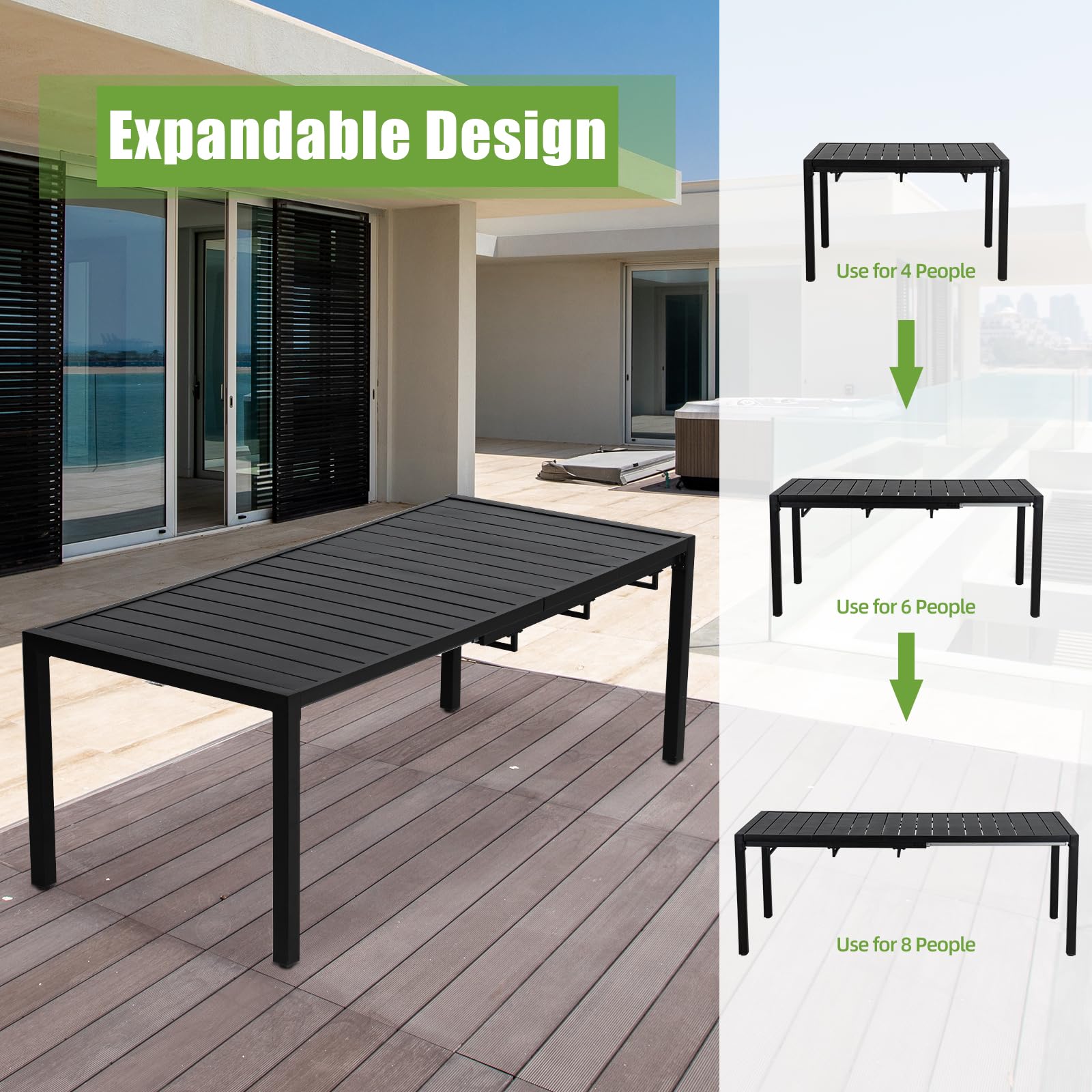MEOOEM Extendable Patio Dining Table 47-79 Inch Adjustable Outdoor Rectangle Table for 4-8 People - Durable Metal Steel Garden & Poolside Dining Set for Backyard, Deck, and Outdoor Entertaining