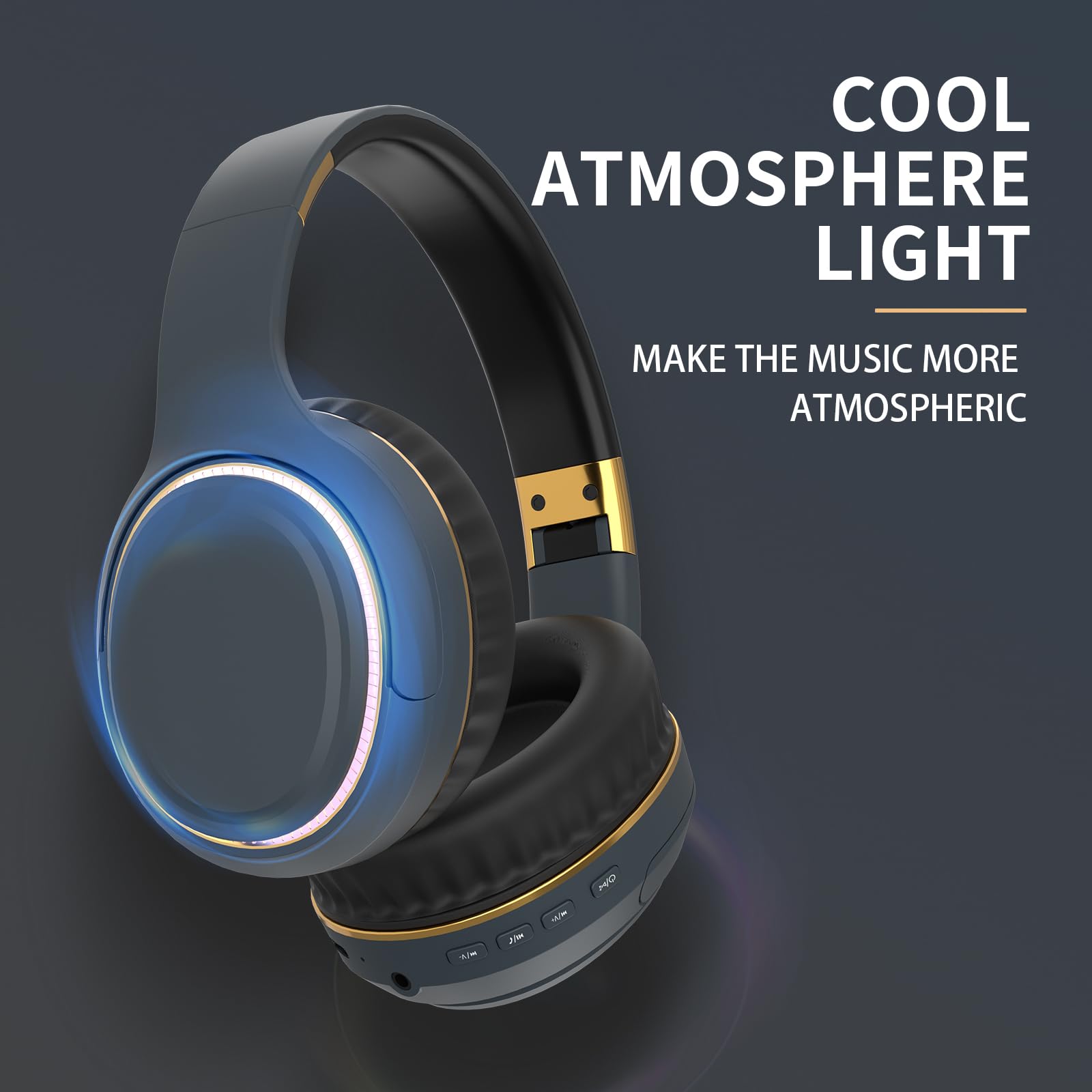 Wireless Bluetooth Headphones with RGB LED Lights, Foldable Over-Ear Headset with Built-in Mic for iPhone, Android, PC, Laptop - Perfect for Music, Gaming, Workouts, School & Office Use (Blue)