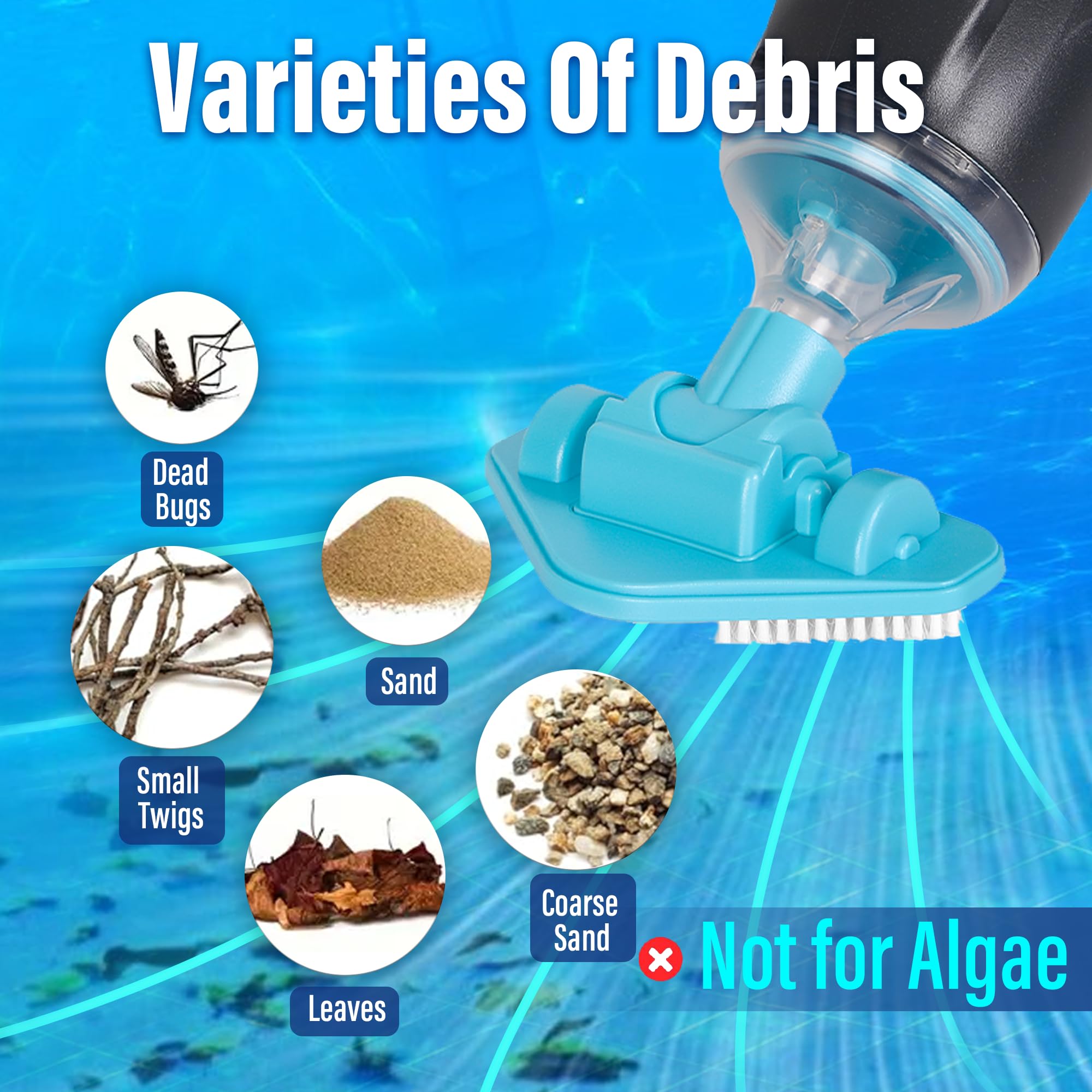 Rechargeable Cordless Pool Vacuum - Adjustable Pole & Brush Heads for Above-Ground Pools & Spas