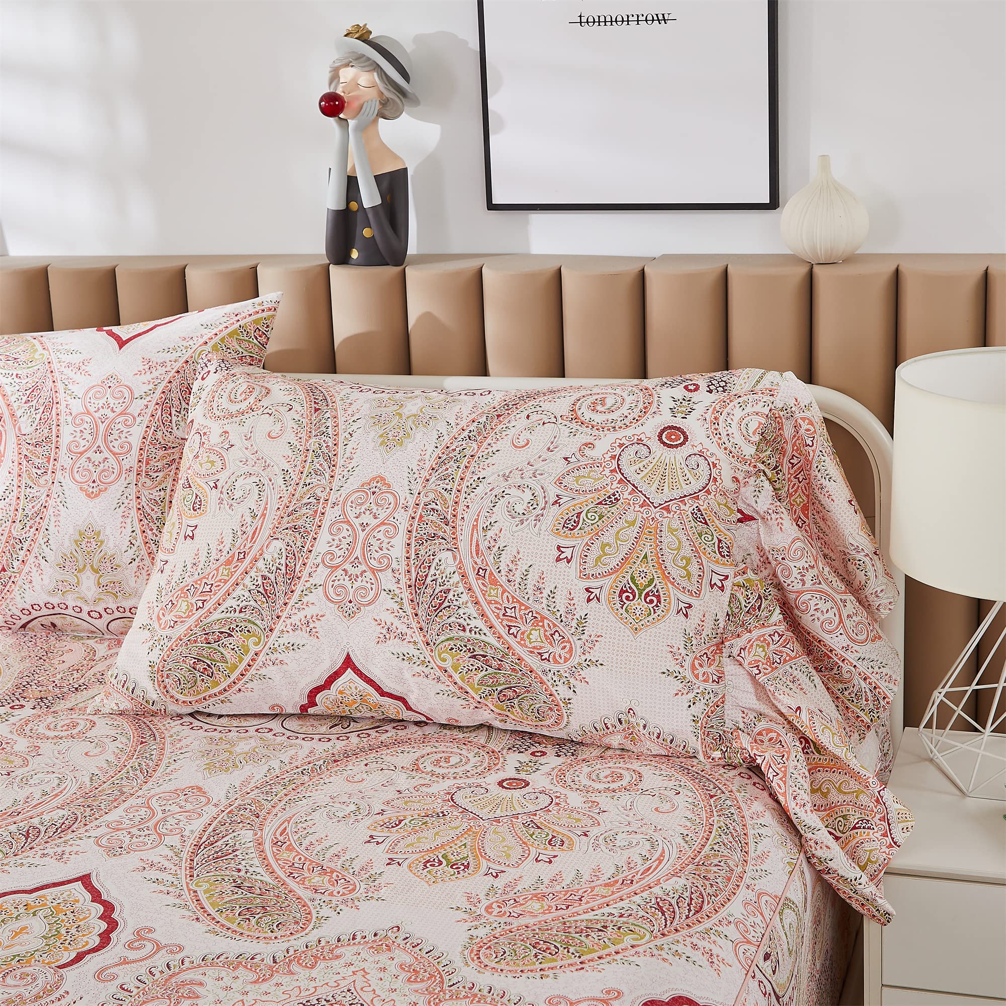 ABREEZE Pink Paisley Print 4-Piece Bed Sheet Set - 1000TC Egyptian Cotton Full Size Bohemian Bedding with Damask Medallion Design for Boho & Farmhouse Decor | Perfect for Guest Rooms, Master Bedrooms & Cozy Retreats