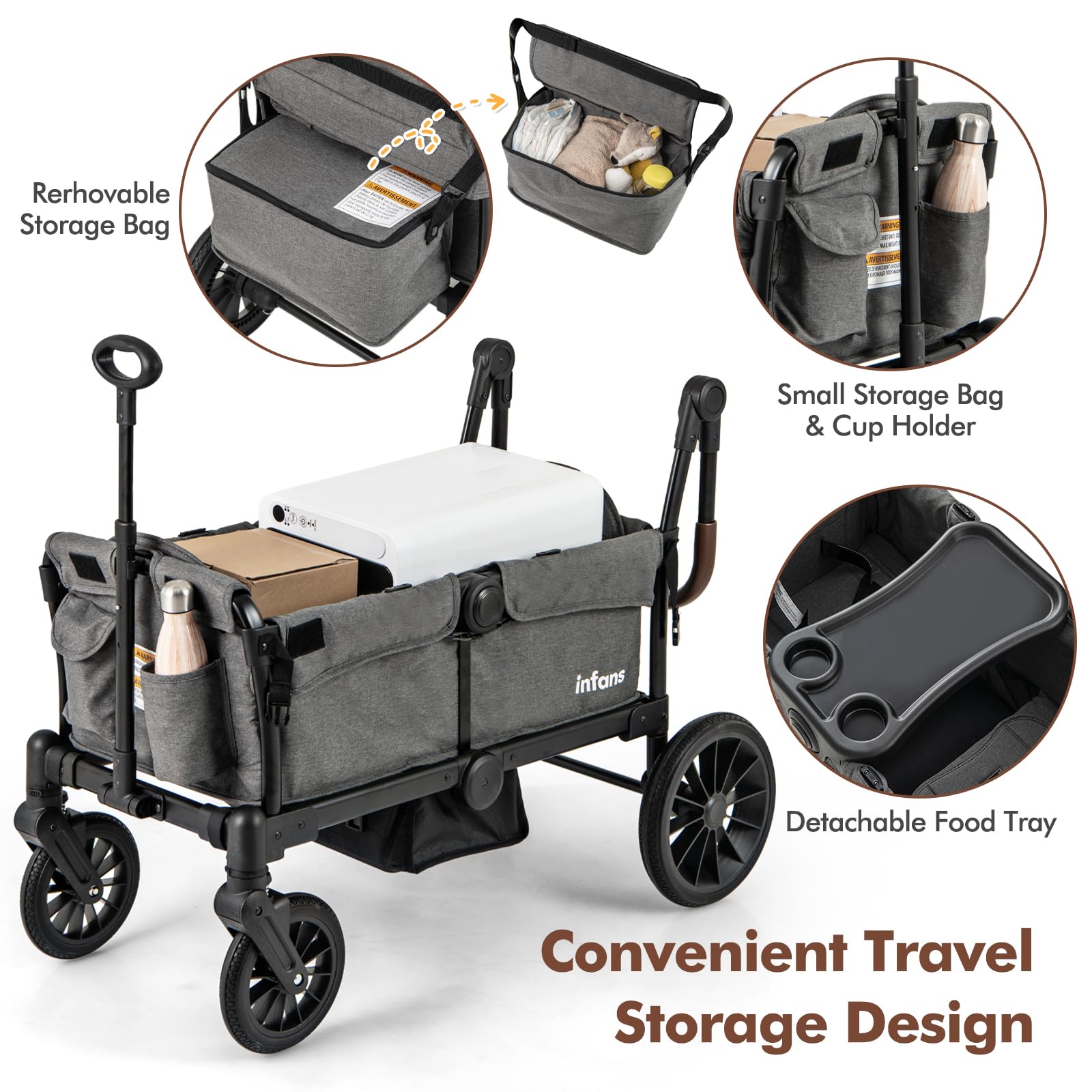 **INFANS 2-in-1 Collapsible Stroller Wagon for Kids – Adjustable Push/Pull Handle, Removable Canopy & Snack Tray, Padded Seats & Drop-Down Footwell – Perfect for Beach, Park, and Family Outings**