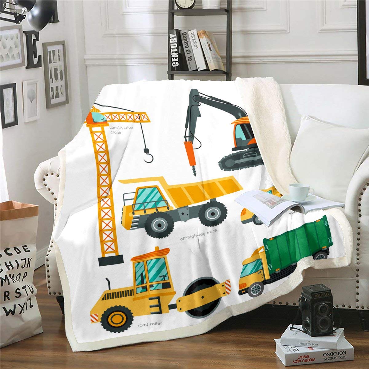 Heavy Equipment Fleece Blanket - Construction Truck & Road Roller Sherpa Throw for Kids (30