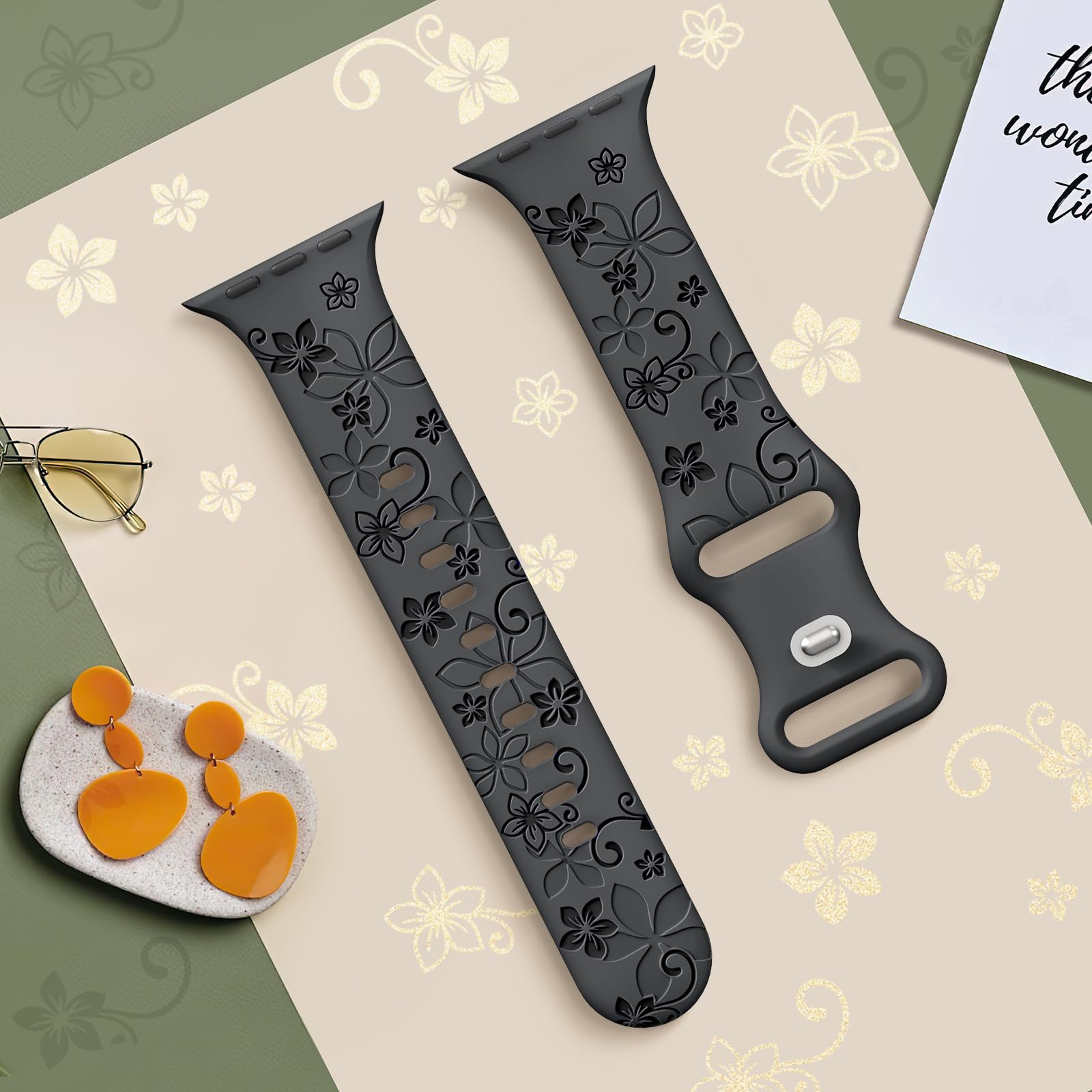 Floral Engraved Apple Watch Bands 38mm 40mm 41mm 42mm 44mm 45mm 46mm 49mm - Soft Silicone Sport Strap Compatible with iWatch Series 10/9/8/7/6/5/4/3/2/1/SE/Ultra - Women's Fashion Flower Design Accessory for Workout, Running & Everyday Wear