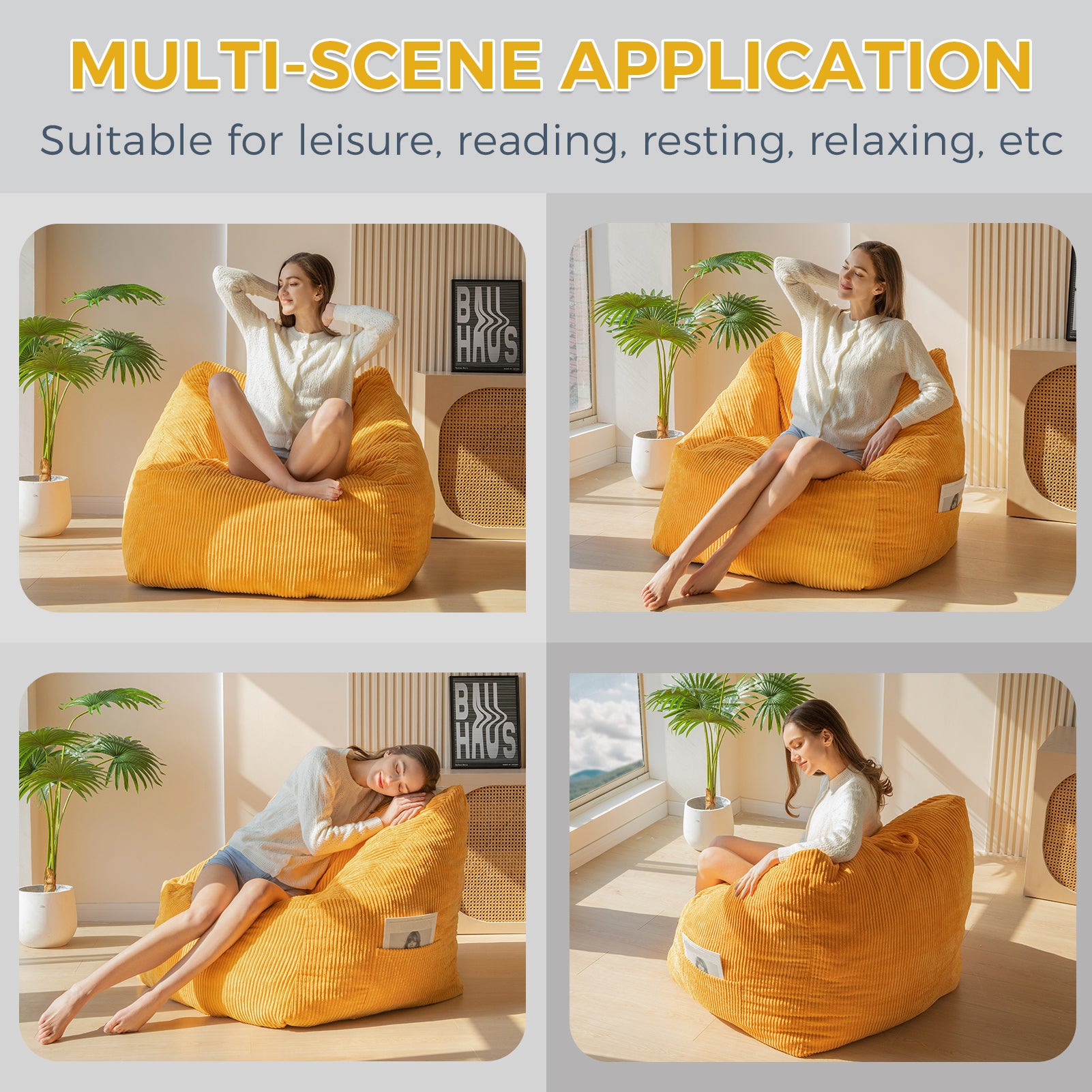 MAXYOYO Bean Bag Chair with Handle & Pocket - Soft Floor Sofa for Teens, Gaming, Reading & Relaxing - Perfect for Living Room, Bedroom & Dorm (Orange)