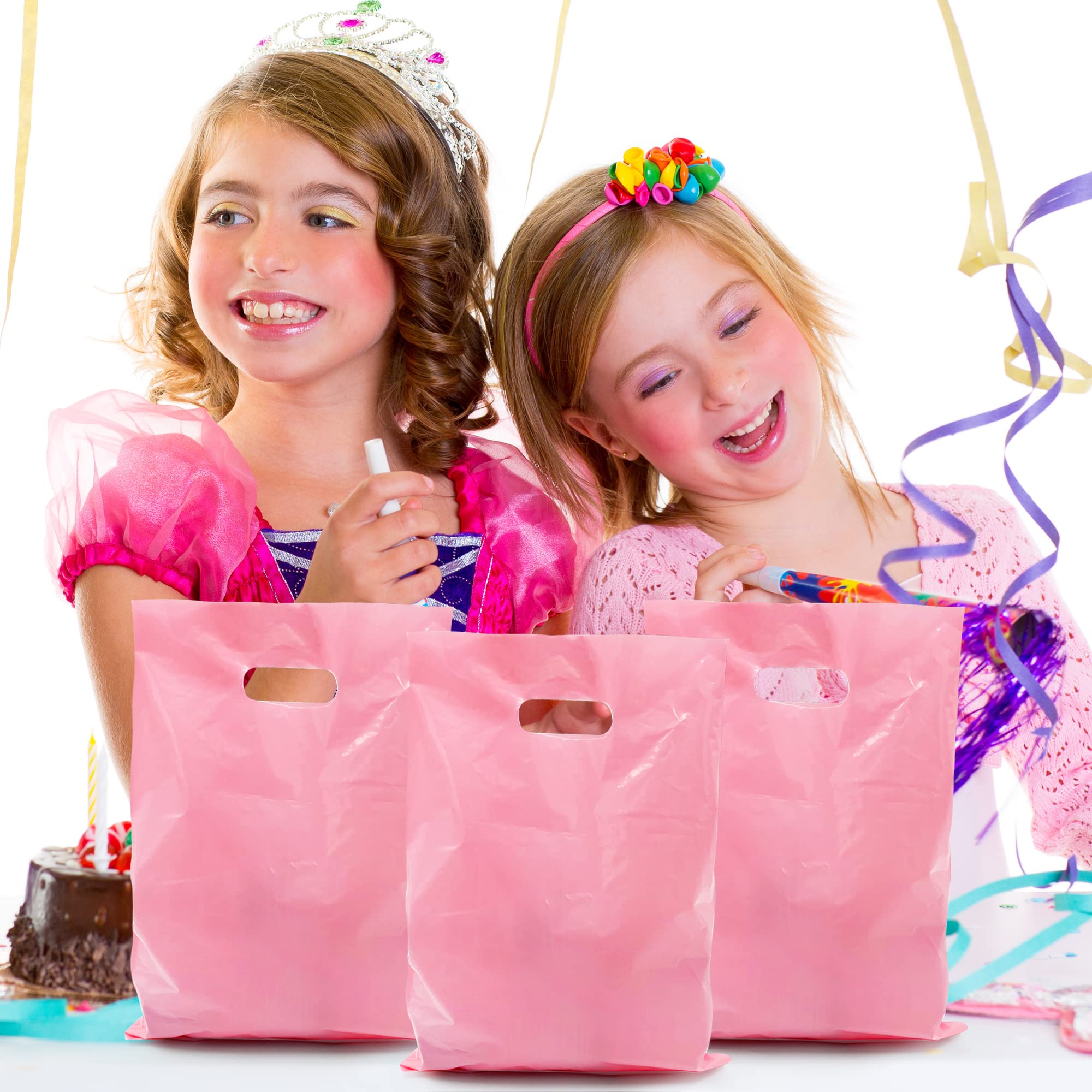40PCS Pink Plastic Gift Bags for Candy, Party Favors & Small Gifts - Durable Die-Cut Design - Perfect for Birthday Parties, Baby Showers & Wedding Favors