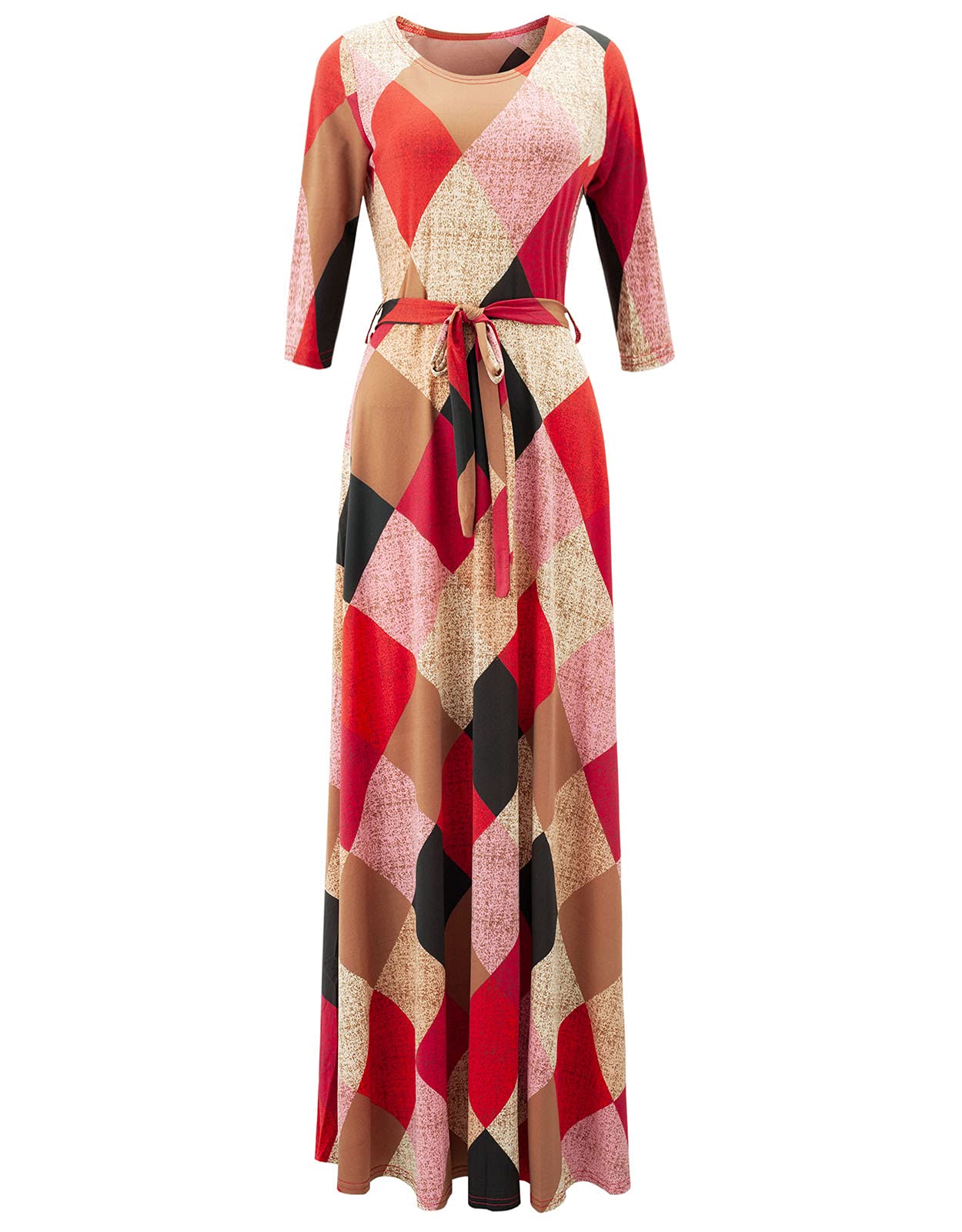 Women's Stretchy Scoop Neck 3/4 Sleeve Maxi Dress with Adjustable Belt - Elegant Long Flowy Dress for Casual Wear, Date Night & Special Occasions