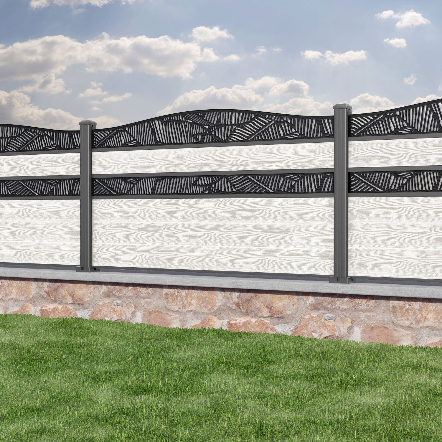 Classic Feather Curved Top Split Screen Fence Panel in Light Stone - Aluminum Posts for Garden Privacy & Outdoor Decoration | Perfect for Backyard, Patio, and Pool Area
