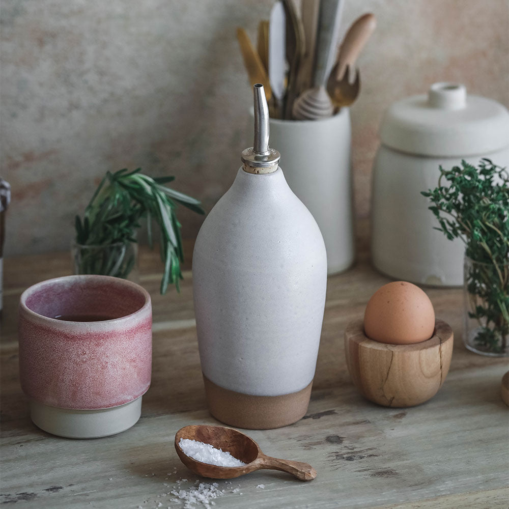 Premium Ceramic Oil Bottle with Drip-Free Spout - Elegant Light Color for Kitchen & Dining - Perfect for Olive Oil, Vinegar & Salad Dressing Dispensers