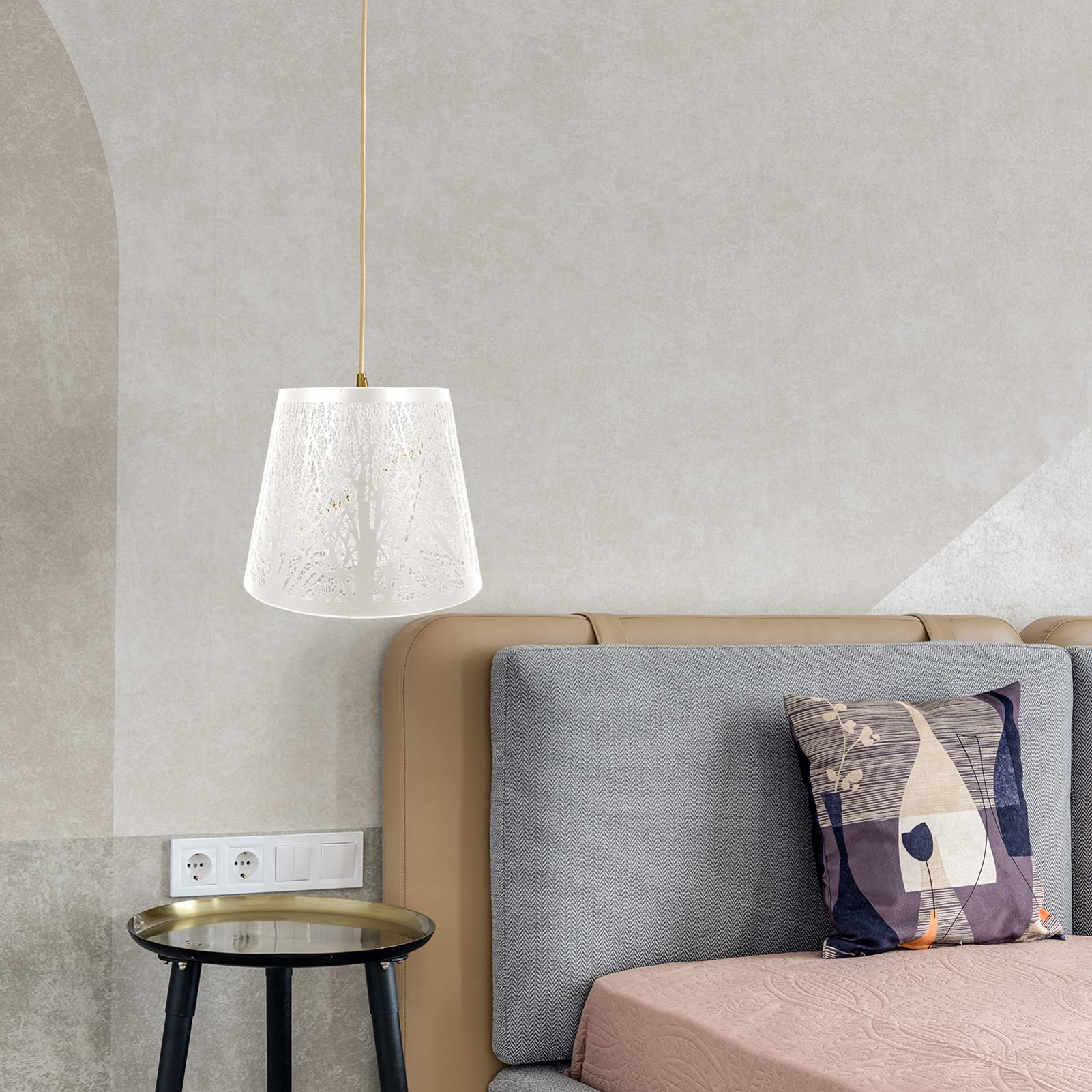 Lurrose Modern Metal Drum Lampshade - E27 Barrel Lamp Cover with Tree Shadow Design for Bedroom, Table & Floor Lighting - White Chandelier Style Shade (Perfect for Living Room Decor, Reading Nook & Cozy Ambiance)