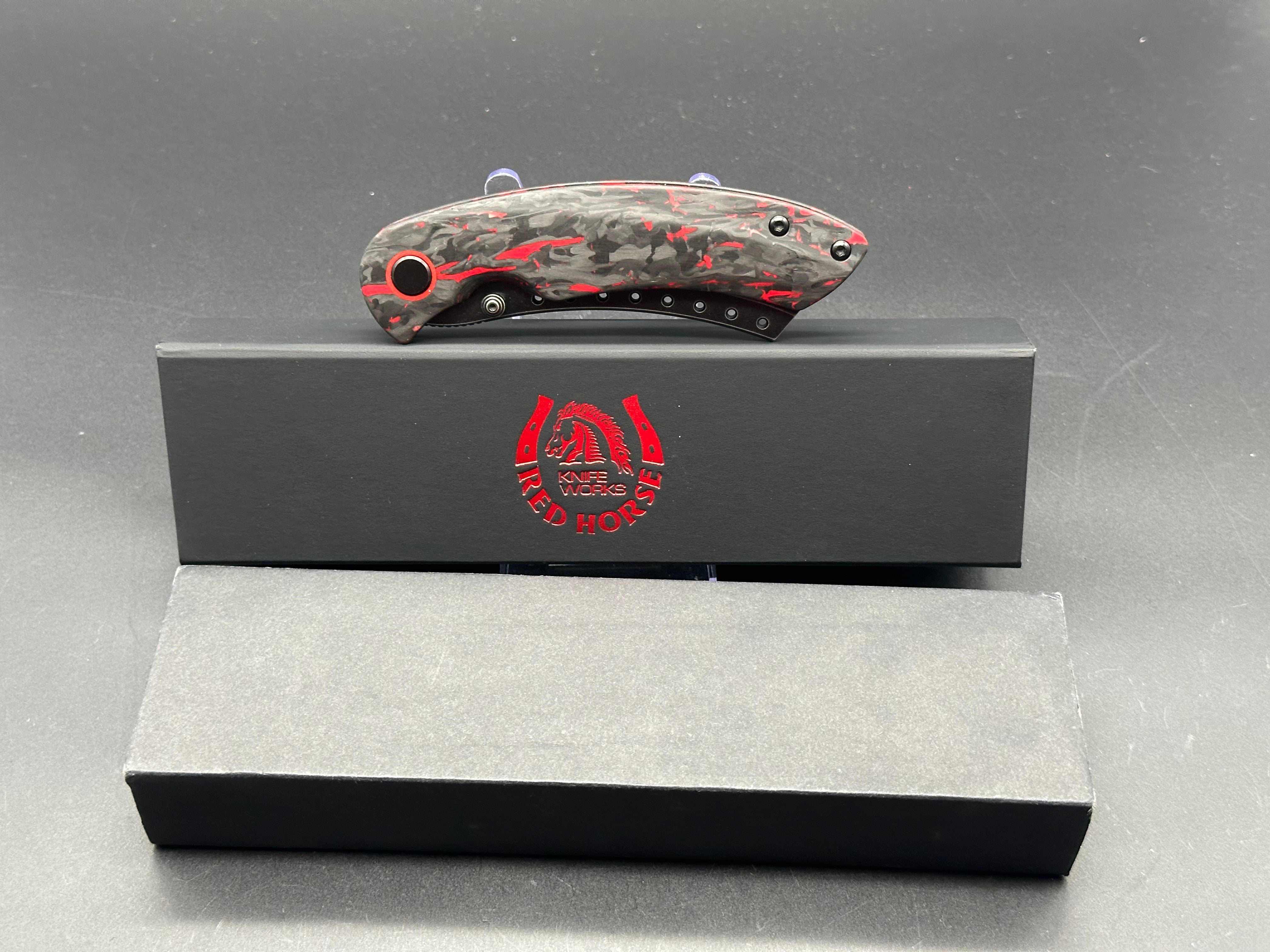 Premium Red Horse Hell Razor P Series Folding Knife - Black/Red Marbled Carbon Fiber Handle & Black Stonewash Blade - Ideal for Outdoor Camping, Hunting, and EDC Survival Gear