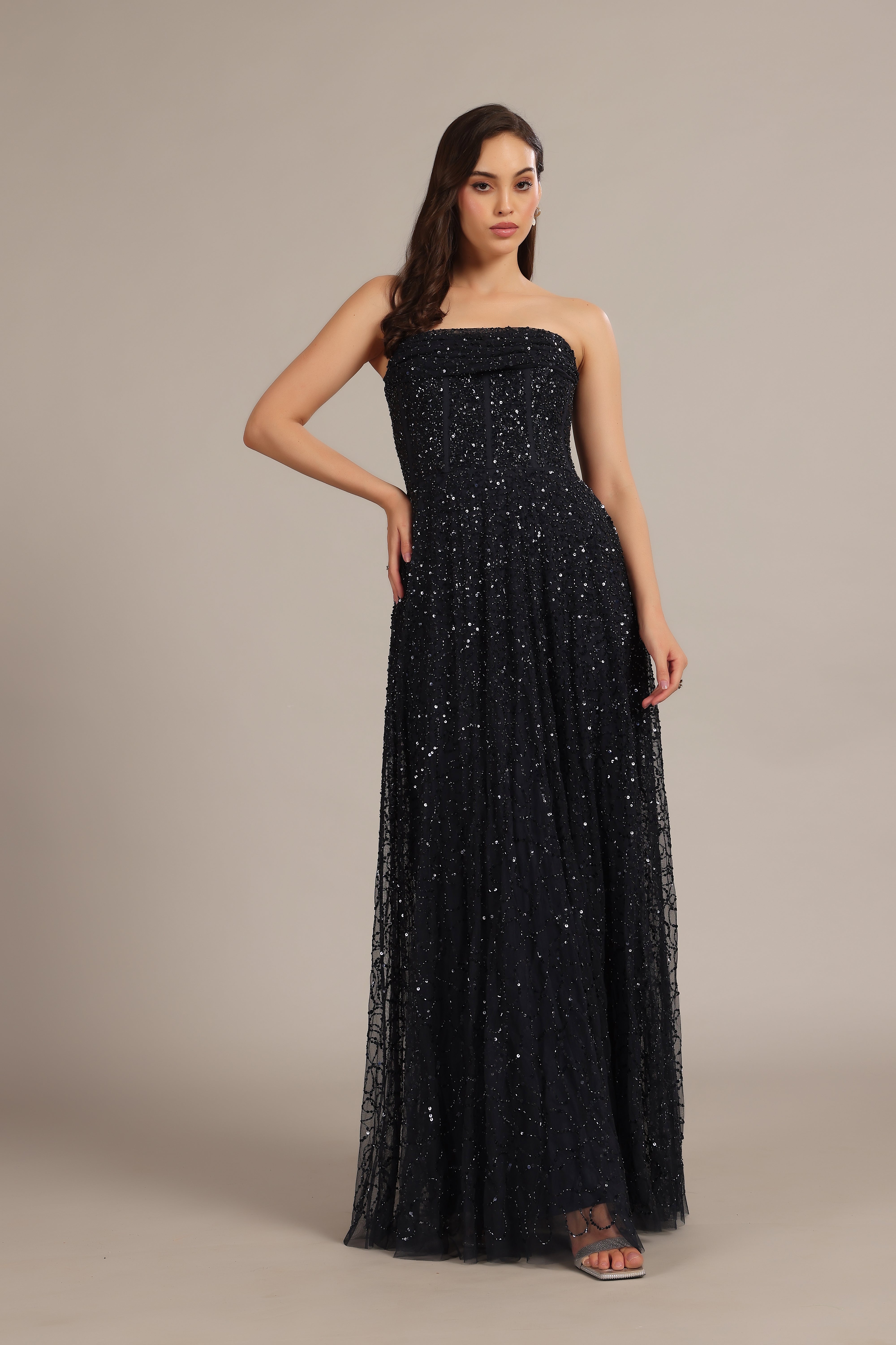 Leona Navy Blue Embellished Maxi Dress for Women - Elegant Evening Gown for Weddings, Parties & Special Occasions