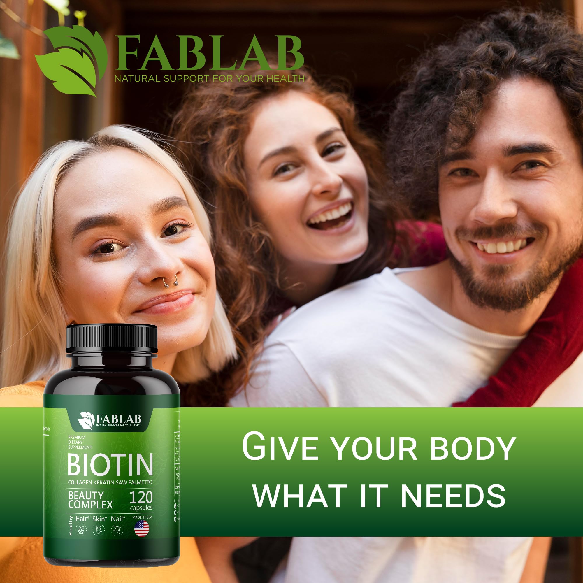 FabLab Biotin 10000 mcg with Collagen & Keratin - Hair Skin Nails Supplement for Women & Men - Supports Healthy Hair Growth, Strong Nails & Glowing Skin - Made in USA, 120 Capsules - Perfect for Daily Beauty Routine & Wellness Support