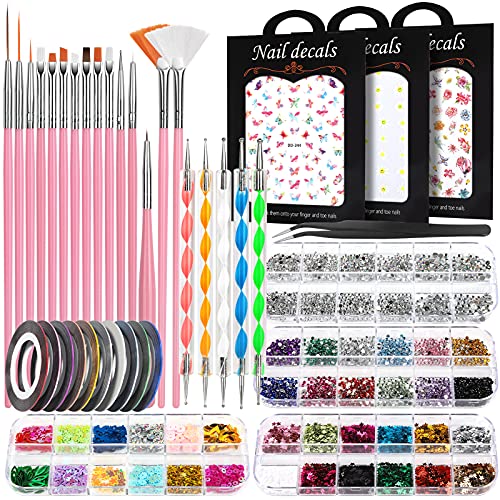 Teenitor Professional Nail Art Kit - 15-Piece Nail Design Set with Brushes, Dotting Tools, 3D Stickers, Rhinestones, Tweezers, Glitter & Striping Tape | Perfect for DIY Manicures, Salon Nail Art & Home Nail Design