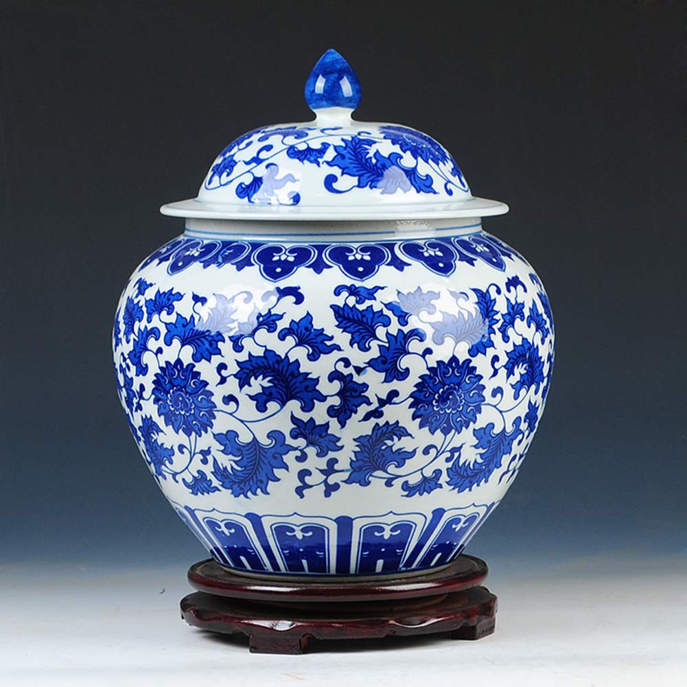 Blue and White Classic Ceramic Jar Vase - Traditional Chinese Porcelain Flower Vase with Base - Antique Home Decor Centerpiece (H30cm x W25cm) - Perfect for Living Room, Dining Table, and Wedding Decorations