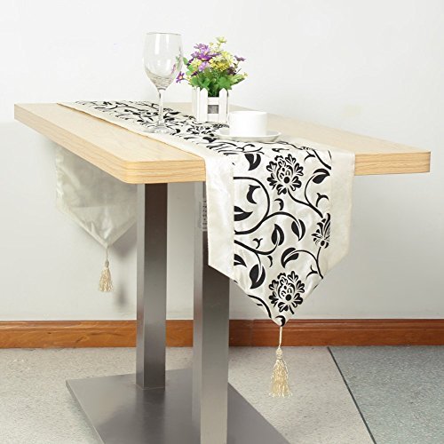 White Lotus Raised Flower Blossom Flocked Damask Table Runner - 78x12 Inch Wedding Decor, Dining Table Centerpiece, Holiday Party Decoration (White)