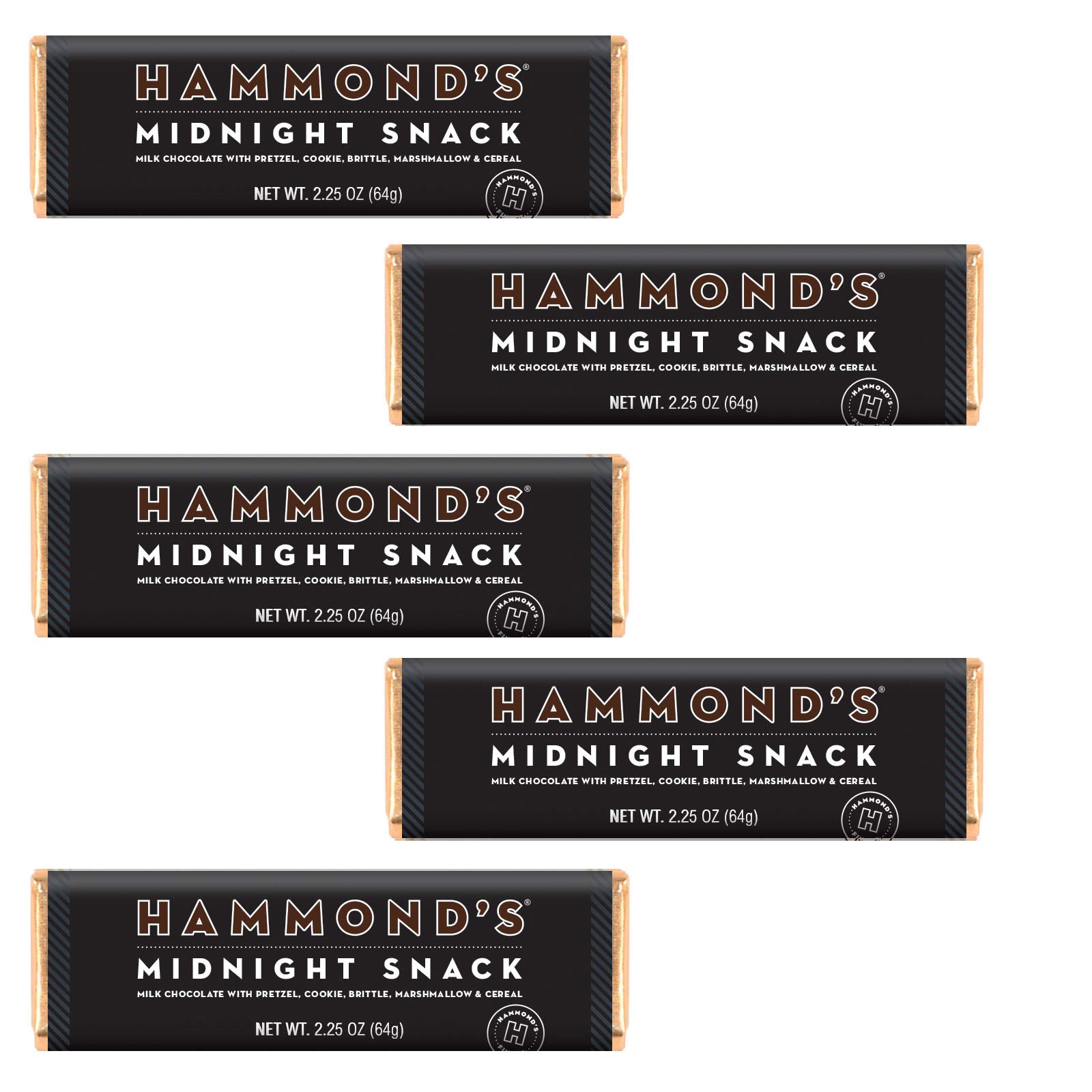 Hammond's Candies Gourmet Chocolate Candy Bars – Midnight Snack | Sweet Milk Chocolate with Pretzel, Cookie, Brittle, Marshmallow & Cereal | Kosher Certified, Handcrafted in USA | Pack of 5 | Perfect for Gifts, Parties & Late Night Cravings