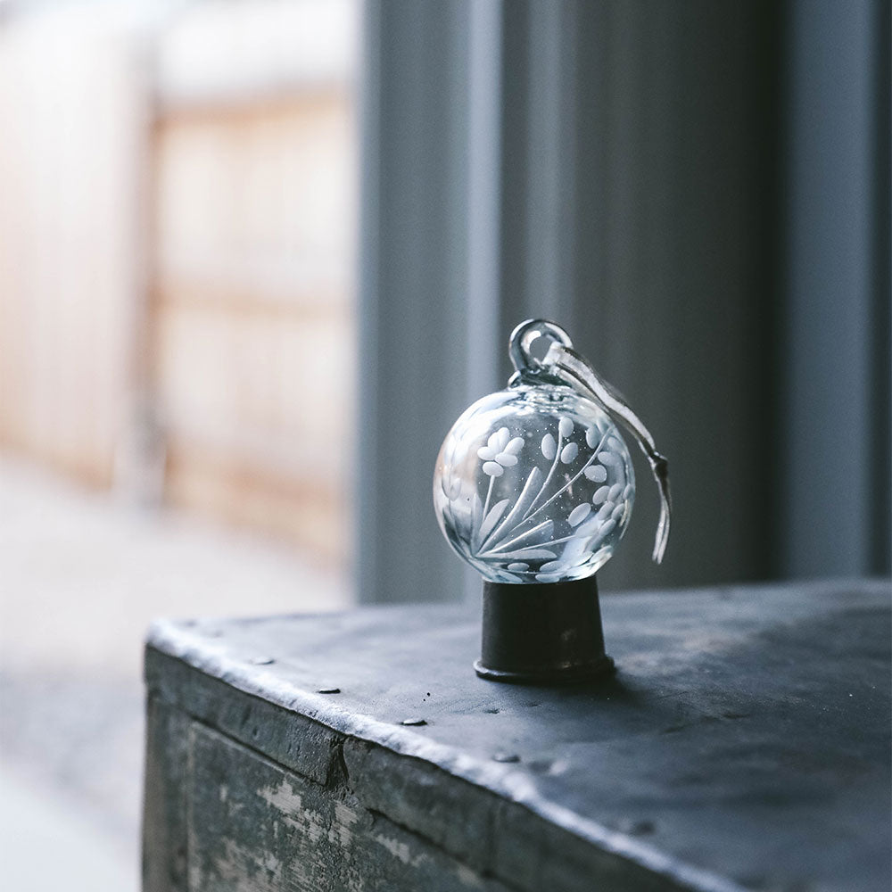 Handmade Blown Glass Christmas Ornament with Etched Design - Small Holiday Decoration for Tree, Gift, and Home Decor