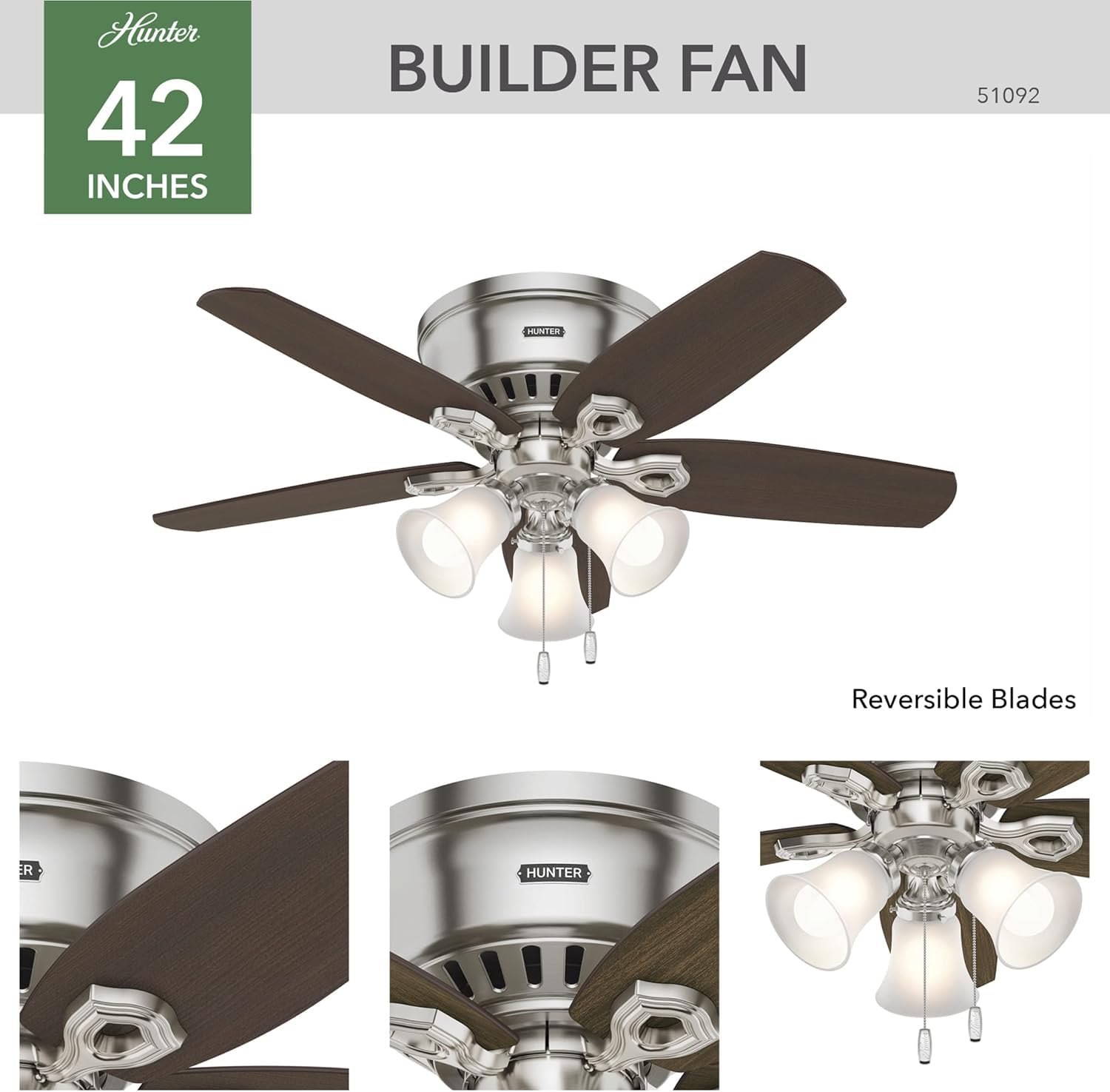 Hunter Fan Company 51092 42 Inch Brushed Nickel Low Profile Ceiling Fan with LED Light Kit and Pull Chain - Perfect for Bedrooms, Living Rooms, and Indoor Spaces