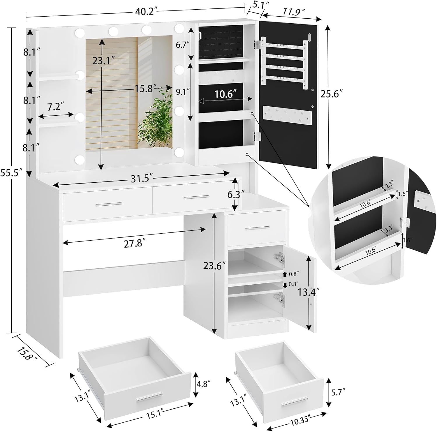 Usikey White Vanity Desk with Mirror & LED Lights - Makeup Vanity Table with 3 Drawers & Jewelry Storage Organizer for Women & Girls | Perfect for Bedroom Decor & Beauty Routine