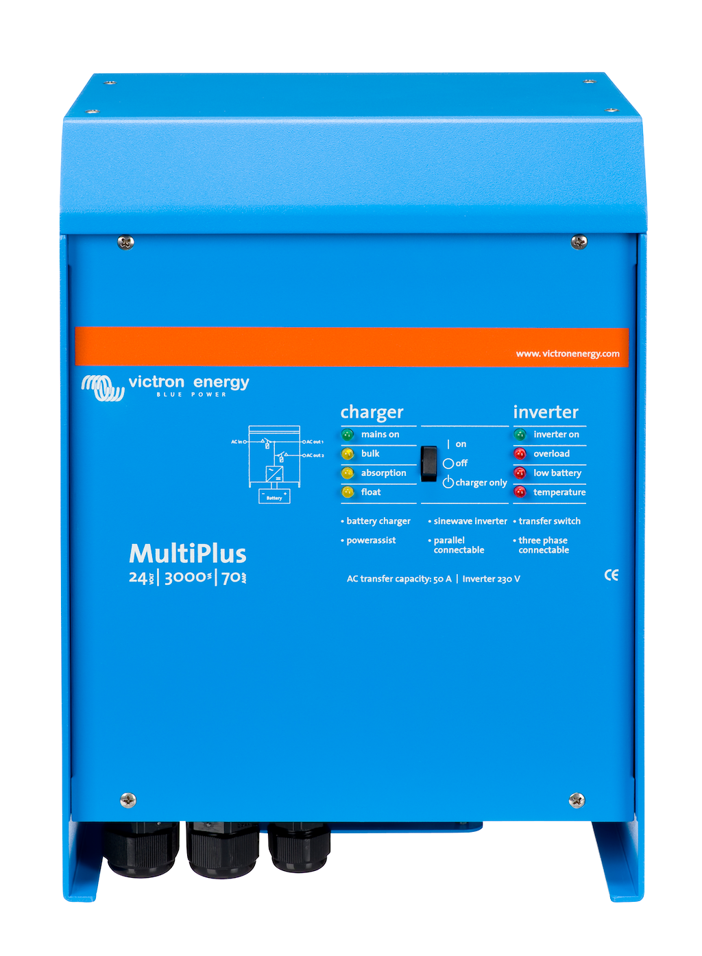 MultiPlus 24/3000/70 50 230Vac Inverter Charger - Pure Sine Wave Power Converter for RVs, Boats & Off-Grid Solar Systems