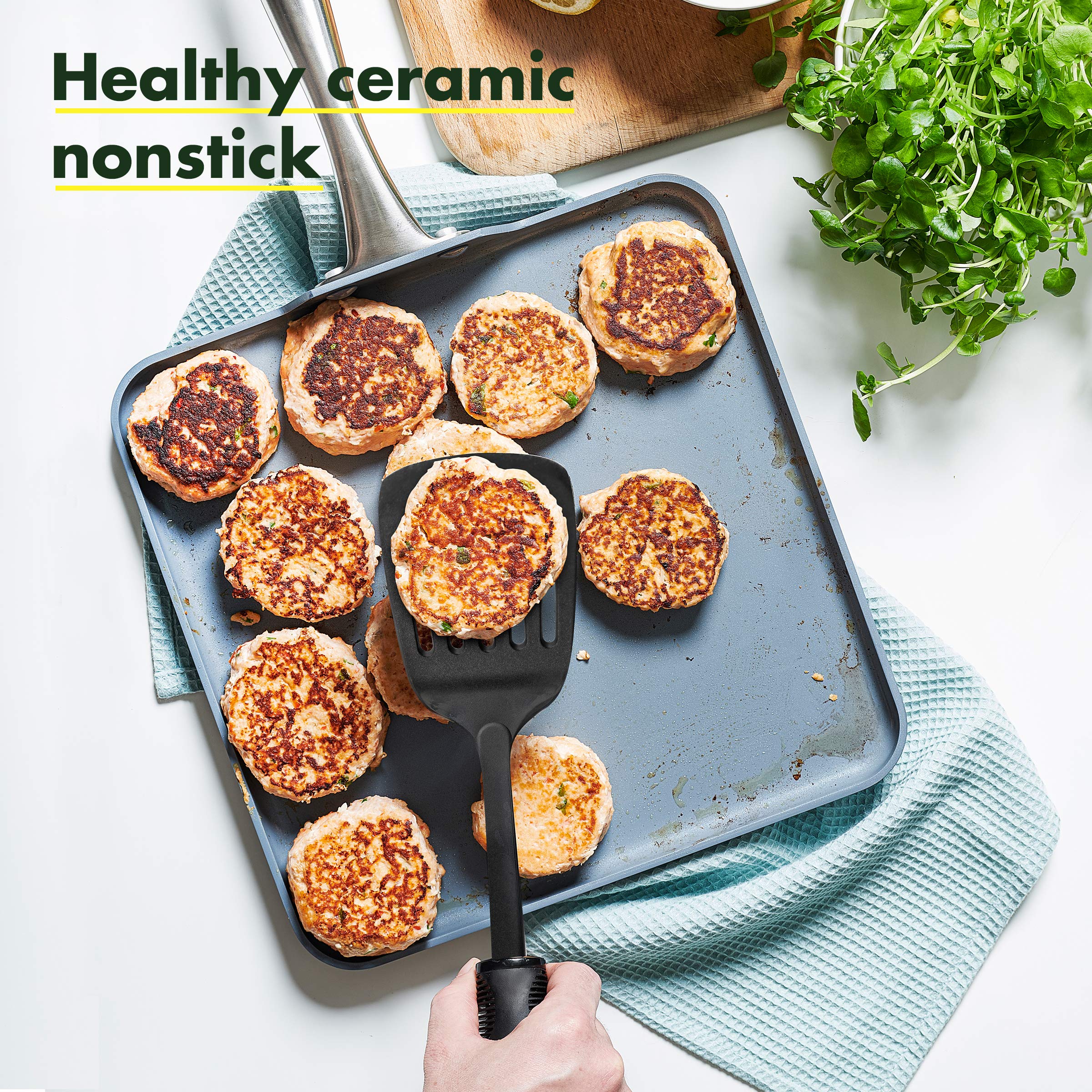GreenPan Valencia Pro 11-Piece Non-Toxic Ceramic Nonstick Cookware Set with Square Griddle - Oven & Dishwasher Safe, PFAS-Free, Gray & Lima - Perfect for Healthy Cooking, Frying & Baking at Home