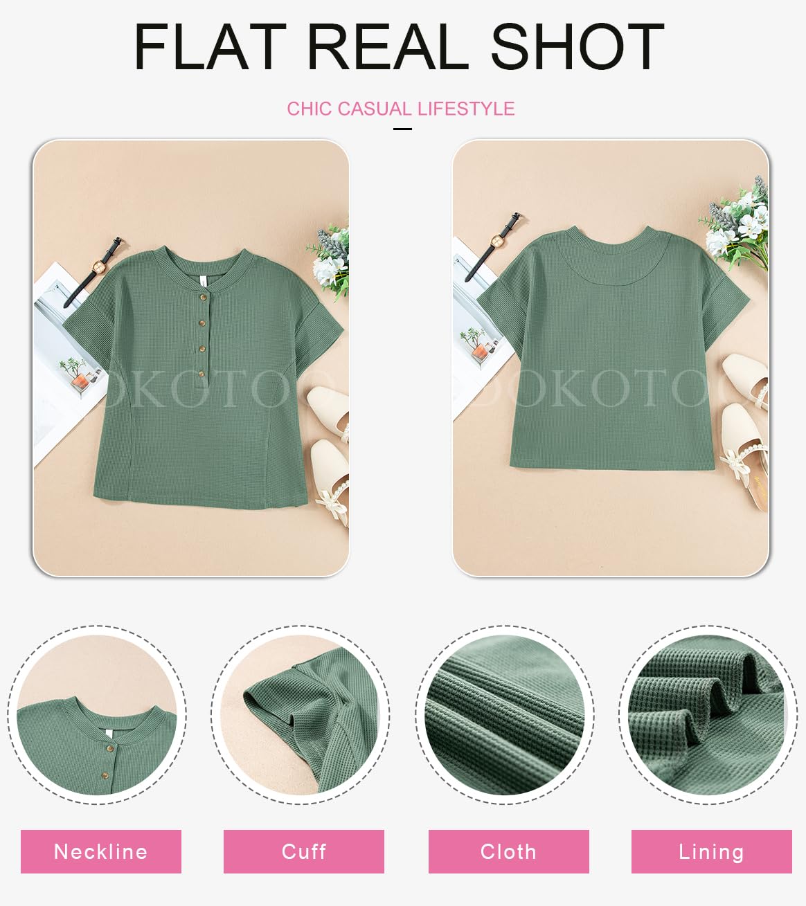 Dokotoo Women's Casual Button Down Henley Shirt - Soft Waffle Knit Short Sleeve Blouse, Round Neck Loose Fit Summer Tunic Top for Everyday Wear, Outings & Beach Cover-Up
