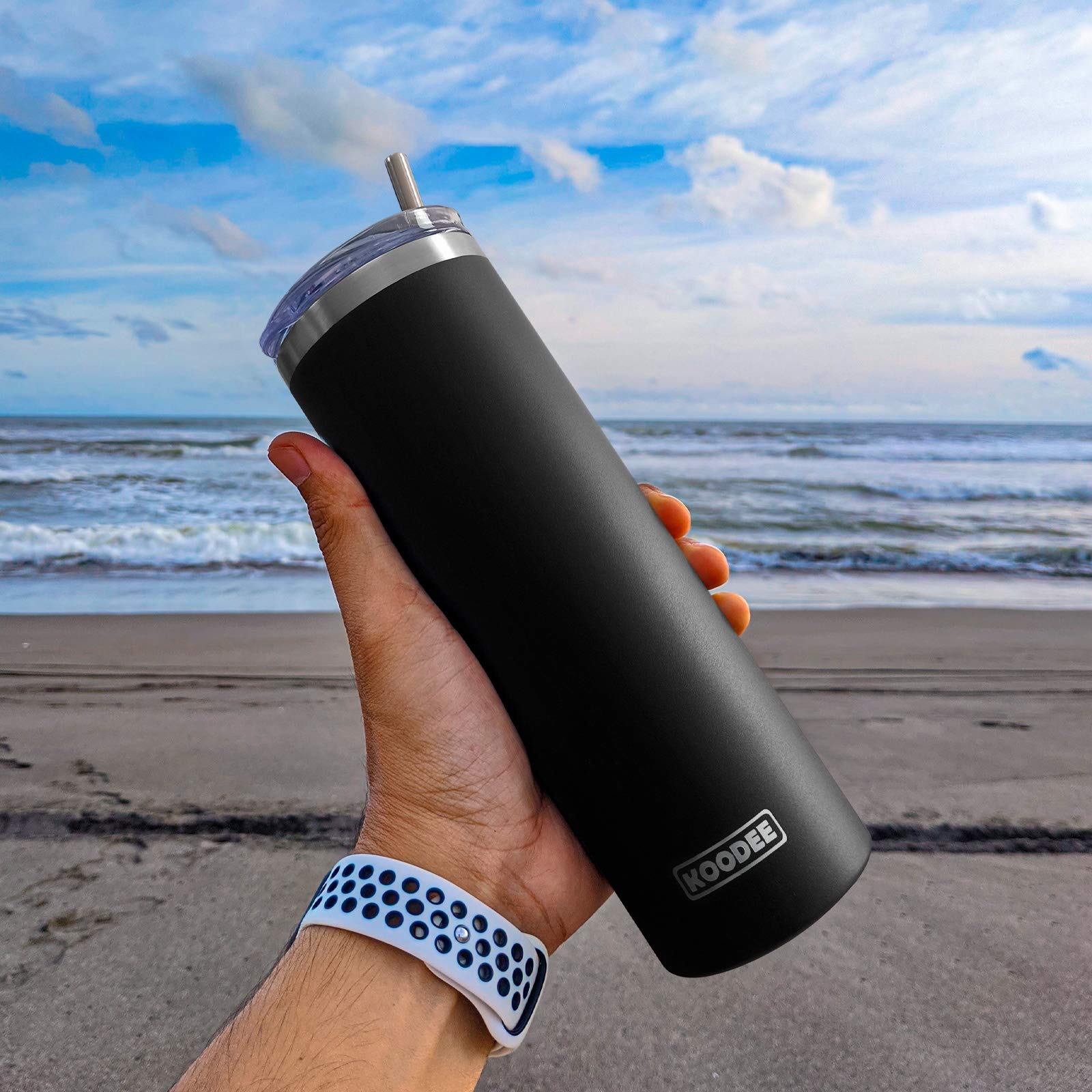**Koodee 20 oz Slim Stainless Steel Tumbler - Double Wall Insulated Skinny Water Cup with Lid, Straw & Cleaning Brush (Black) - Perfect for Travel, Gym & Office Hydration**