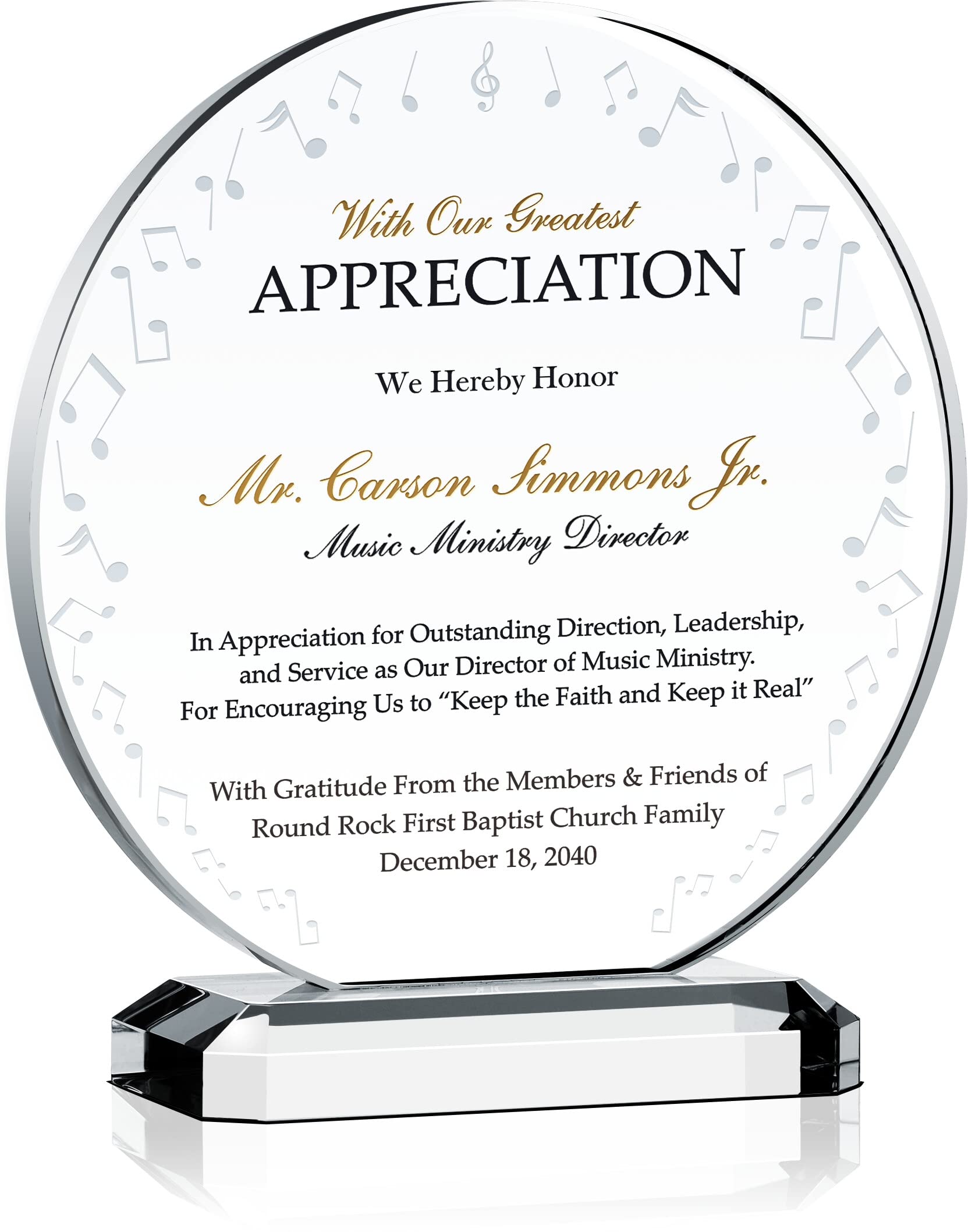 Personalized Crystal Music Ministry Appreciation Plaque - Custom Church Musician Gift with Name & Bible Verse - Unique Religious Present for Worship Leaders, Choir Directors & Music Ministers (6.5