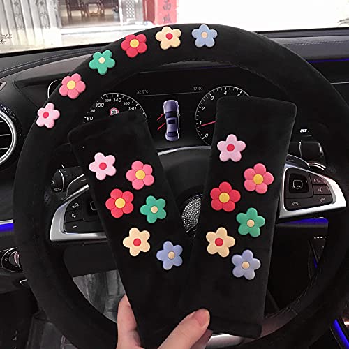Cute Daisy Flower Car Steering Wheel Cover & Seat Belt Pad - Soft Gear Shift Cover for Women, Girls Auto Interior Accessories | Perfect for Summer Road Trips & Daily Commute